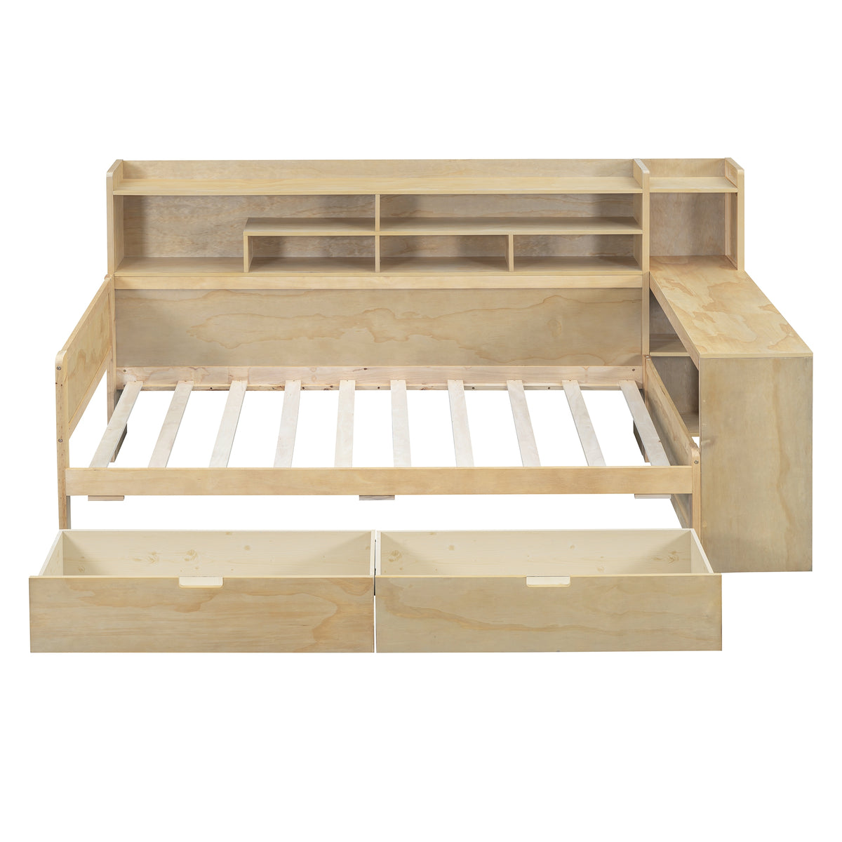 variant-group:rf-n733s241484m|Roomfitters Wooden Twin Size Daybed with Storage Shelves, Multi-functional Bed with Two Storage Compartments and Study Desk, Natural
