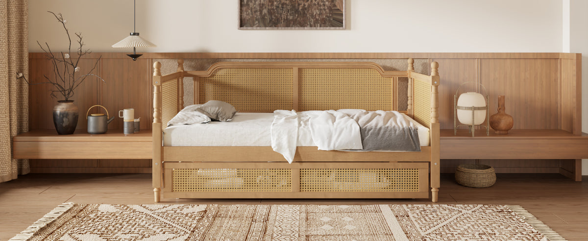 variant-group:rf-n701bs701p415472d|Roomfitters Twin Size Traditional Rattan Daybed Frame with 2 Storage Drawers, French Country Wood Bed, No Box Spring, Walnut