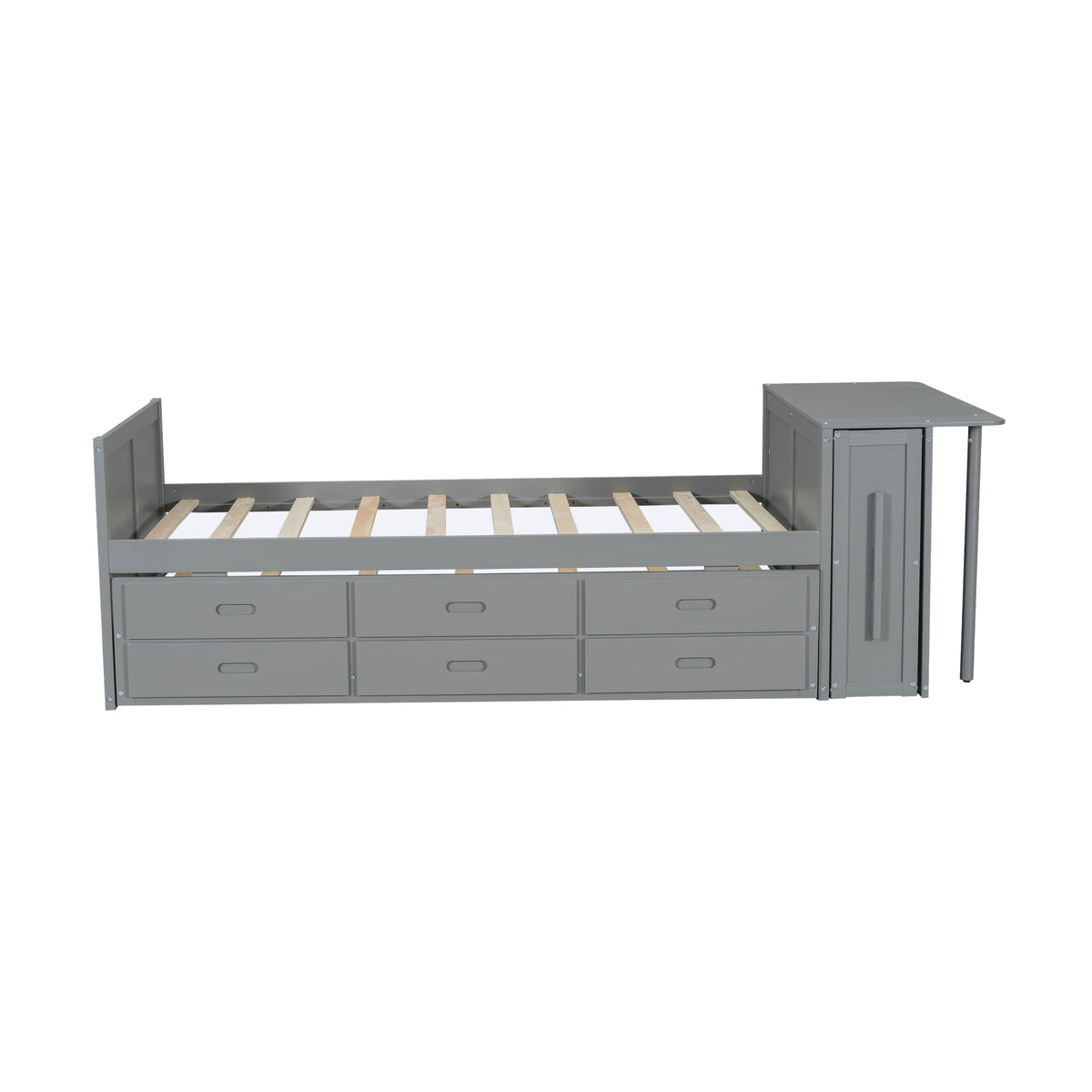variant-group:rf-n733s212832e|Roomfitters Twin Size Multifunctional Wood Platform Bed with Desk and Storage Shelf, Built-in Trundle and Storage, Grey