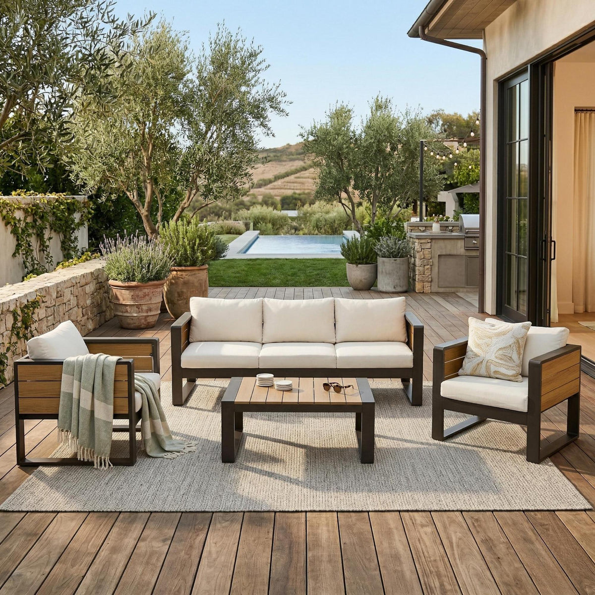 variant-group:rf-n704g201257a|Roomfitters 4-Piece Aluminum Patio Conversation Set with Four Fold-Out Side Trays and Slatted Coffee Table Beige