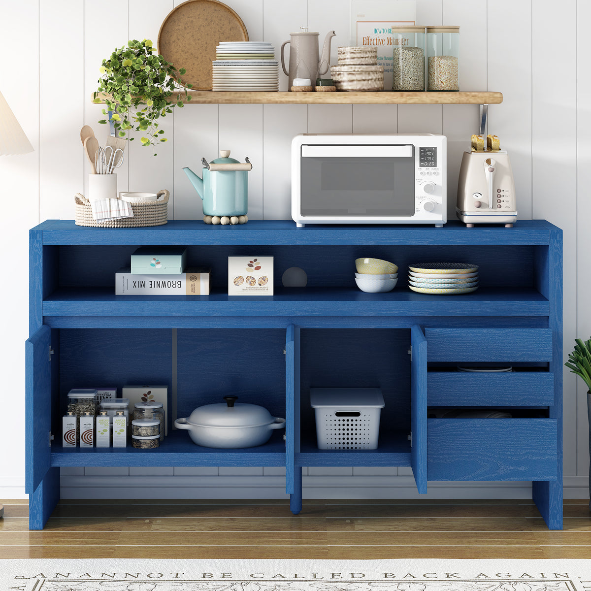 variant-group:rf-n711p289141v|Roomfitters 60" Modern Solid Wood Veneer Sideboard with 3 Doors & 3 Drawers, Open Shelf & Cable Cutout, Large Storage Cabinet for Dining, Hallway, Living Room, Navy Blue