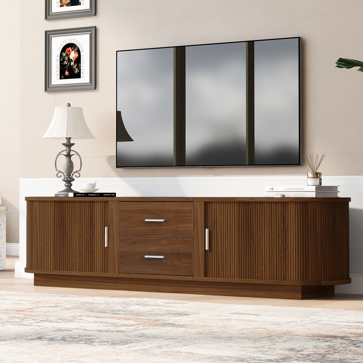 variant-group:rf-n724p420639d|Roomfitters Modern Entertainment Center Console Table with 2 Central Drawers, Antique Brown