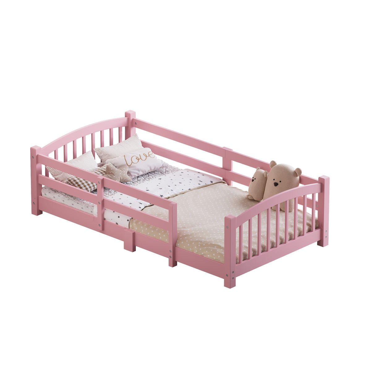 variant-group:rf-n733p400298h|Roomfitters Twin Montessori Floor Bed with Guardrails, Solid Wood Low Platform Bed with Slats, Easy Assembly, Pink