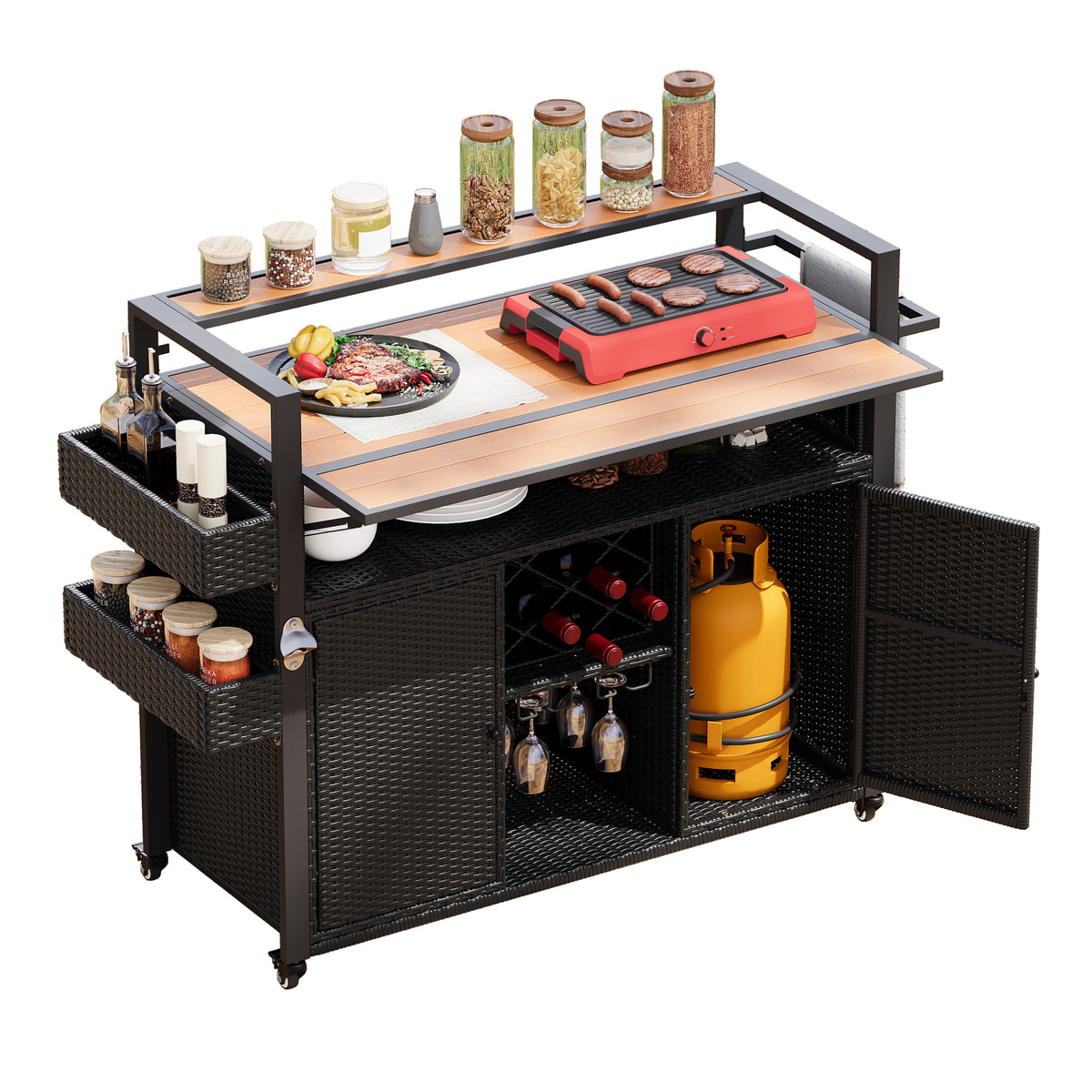 variant-group:rf-n707p233747b|Roomfitters 52.8" Wicker Outdoor Grill Cart with Plastic Wood Table, Rolling Island with Storage Cabinet, Double Handles, Black Brown