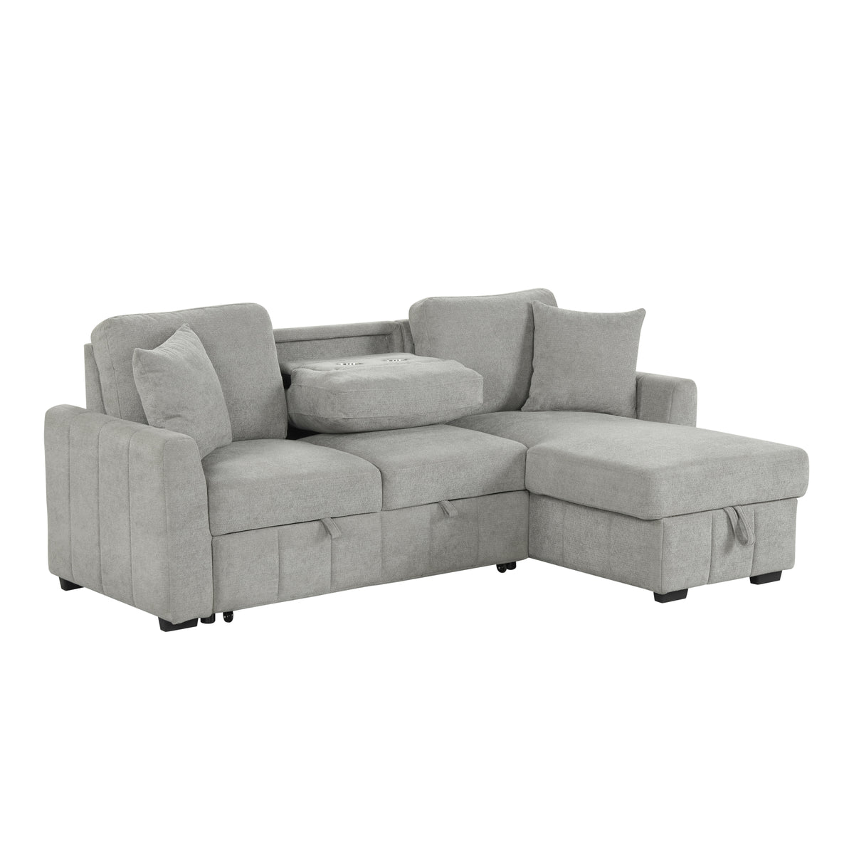 variant-group:rf-n711wy000467aae|Roomfitters 90" L-Shaped Sectional Sleeper Sofa with Storage Chaise and Pull Out Bed, Fold Down Cup Holder Table, Grey