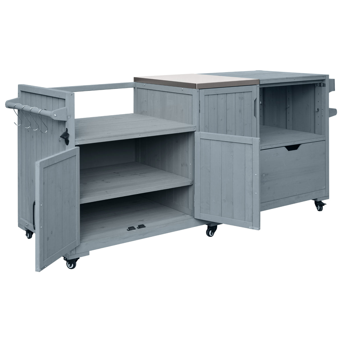 variant-group:rf-n707p392140g|Roomfitters 80.5" Extra Large Grill Cart, Outdoor Kitchen Prep Station with Stainless Steel Top & Kamado Grill Stand, Grey+Blue