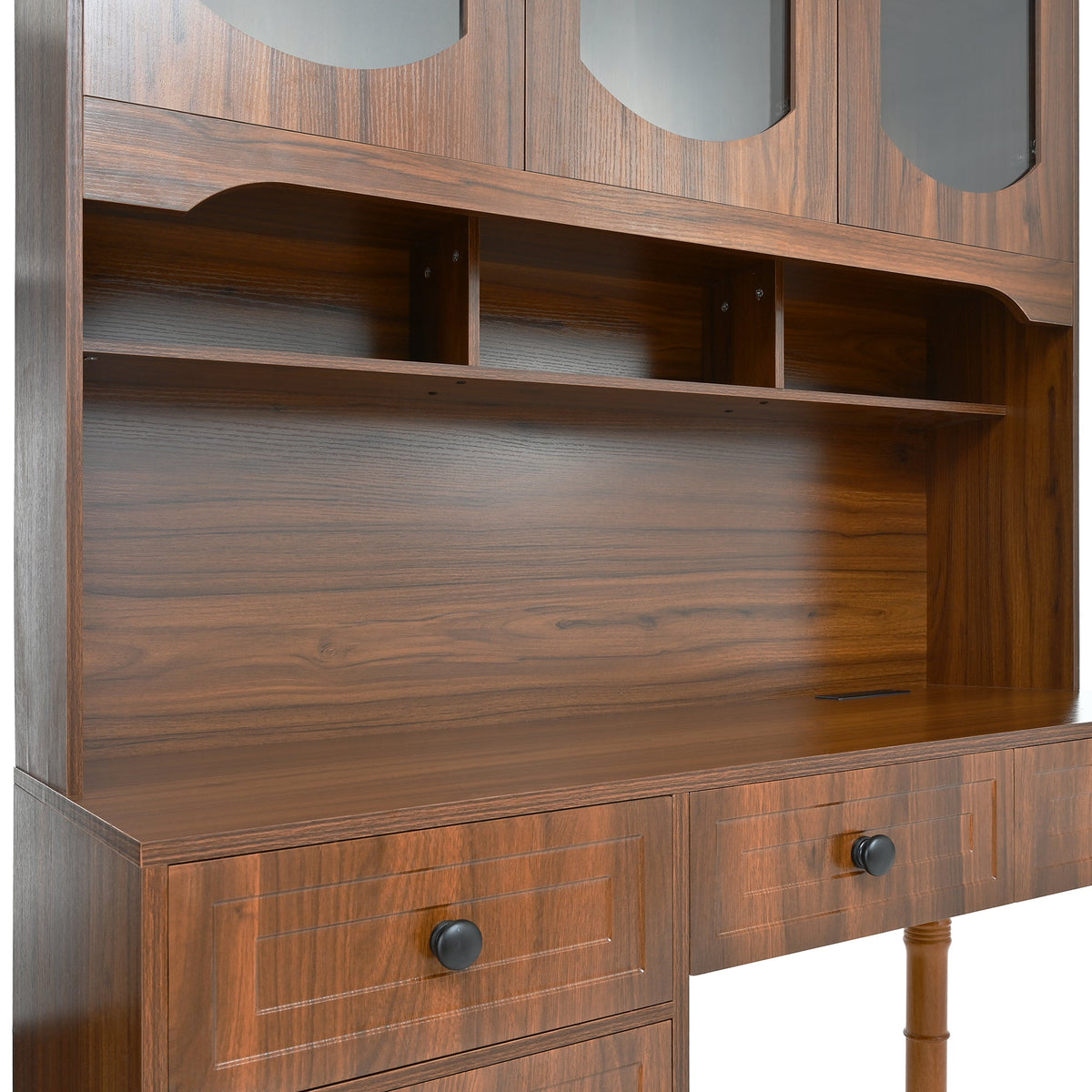 Roomfitters 47'' Retro Desk with Charging Ports and Hutch, Office Desk with 5 Storage Drawers and Glass Bookshelf, Walnut