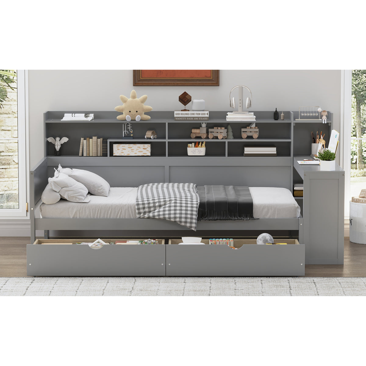 variant-group:rf-n733s241484e|Roomfitters Wooden Twin Size Daybed with Storage Shelves, Multi-functional Bed with Two Storage Compartments and Study Desk, Gray