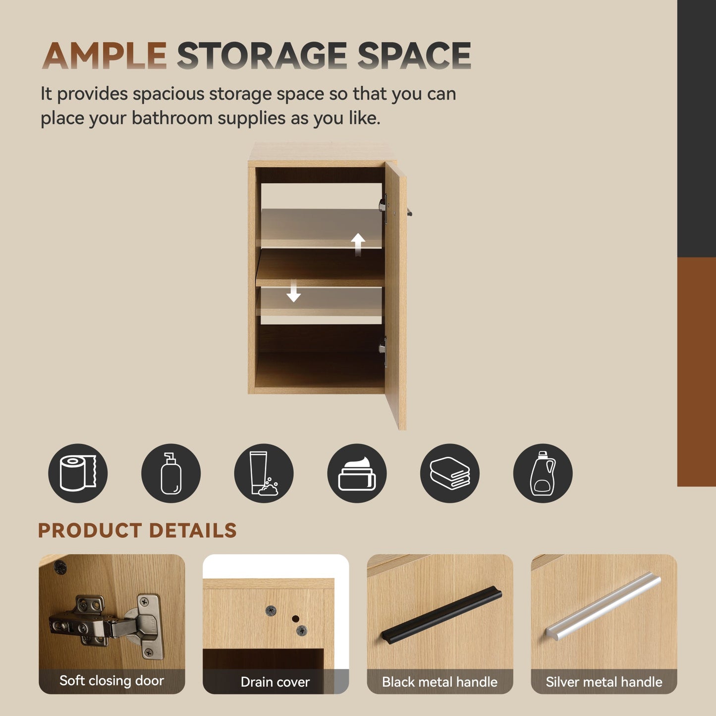 12" Floating Bathroom Vanity Single Door Base Cabinet, Light Oak Plywood Wall-Mounted Storage with Black/Aluminum Handles (Sink Not Included) Roomfitters
