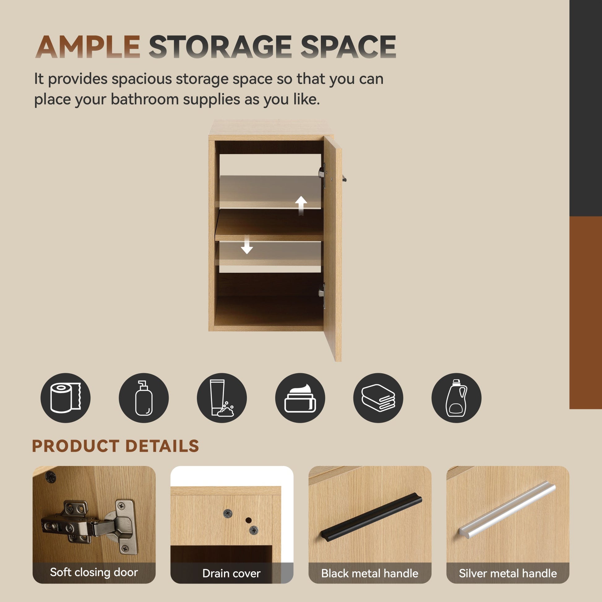 12" Floating Bathroom Vanity Single Door Base Cabinet, Light Oak Plywood Wall-Mounted Storage with Black/Aluminum Handles (Sink Not Included) Roomfitters