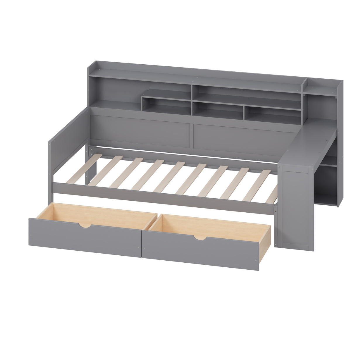 variant-group:rf-n733s241484e|Roomfitters Wooden Twin Size Daybed with Storage Shelves, Multi-functional Bed with Two Storage Compartments and Study Desk, Gray