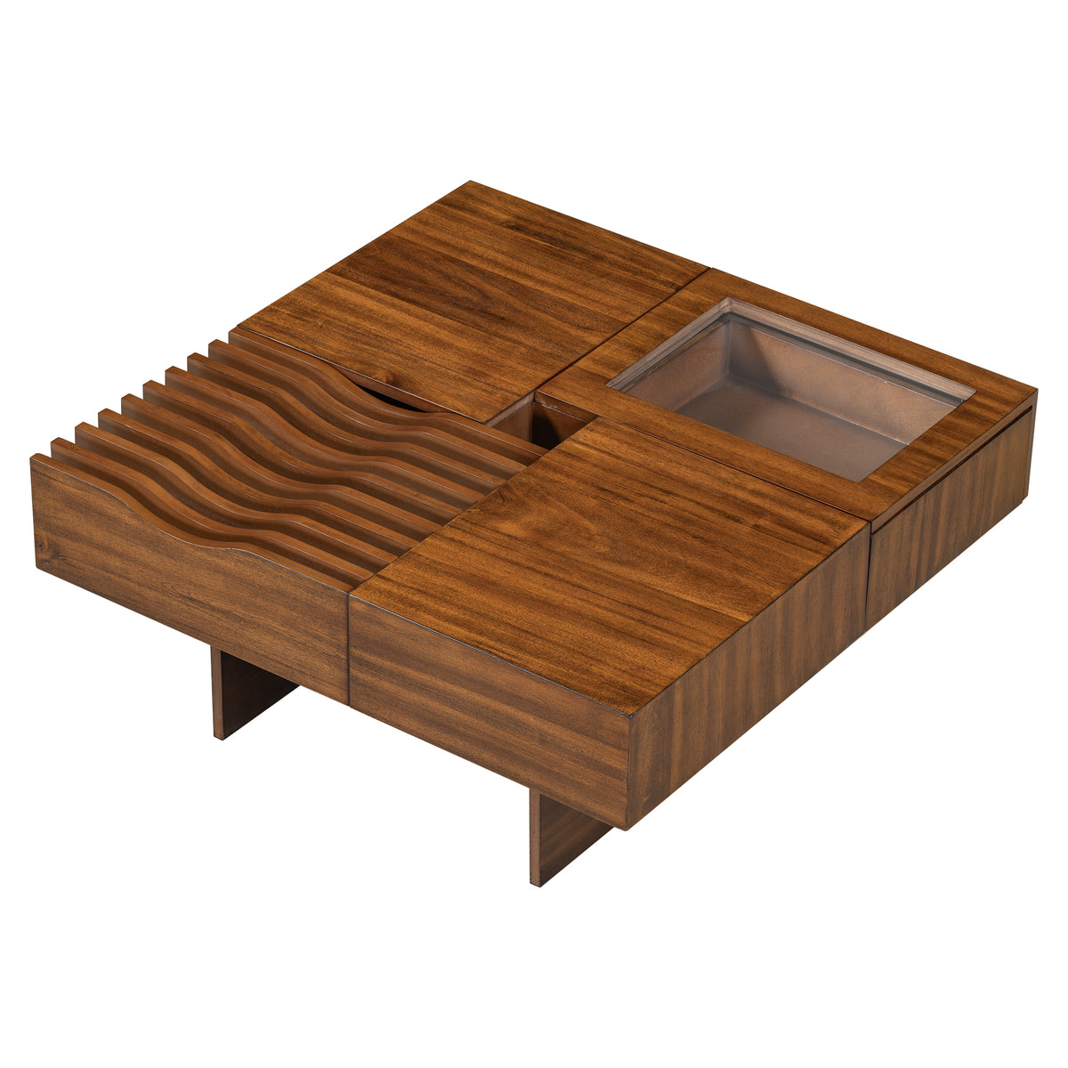 variant-group:rf-n724p270432d|Roomfitters Square Mid-Century Coffee Table with Glass Top and 3 Storage Compartments, Solid Wood Legs, Brown