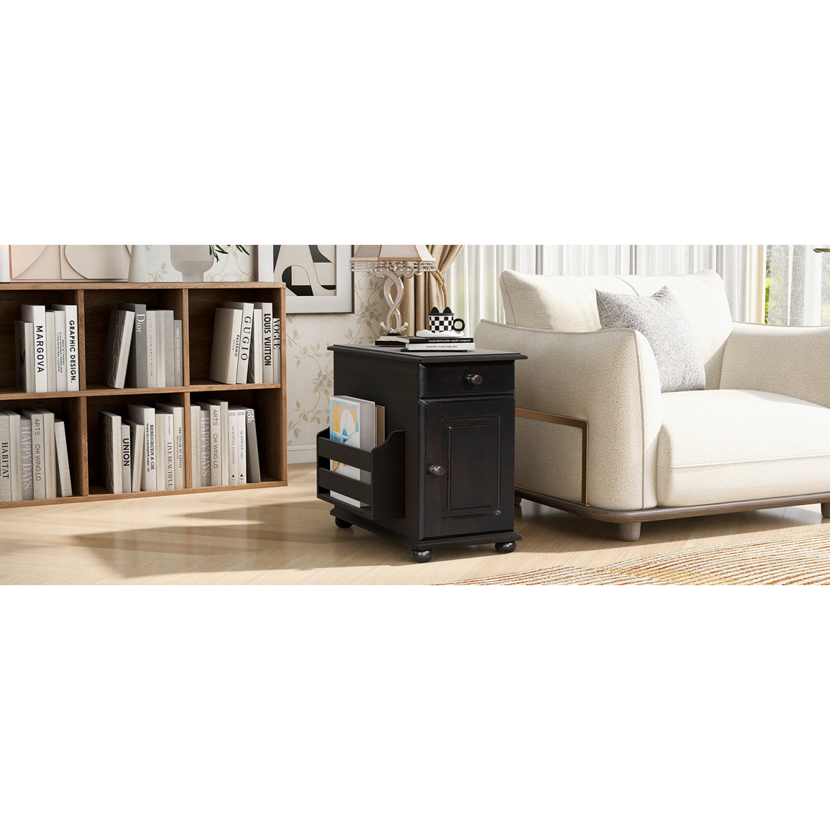 variant-group:rf-n724p293133p|Roomfitters Vintage Sofa Side Table with USB Ports, Flip Top, Cup Holders and Bookshelf Storage for Small Spaces, Espresso