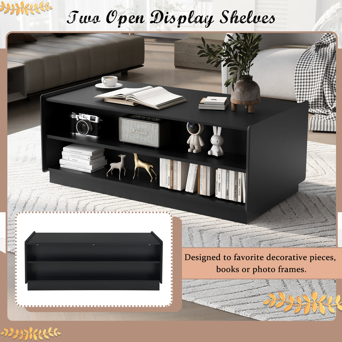 variant-group:rf-n724p286421b|Roomfitters Rectangle Coffee Table with Fluted Style, 4 Storage Compartments and Glass Display Shelves, Black