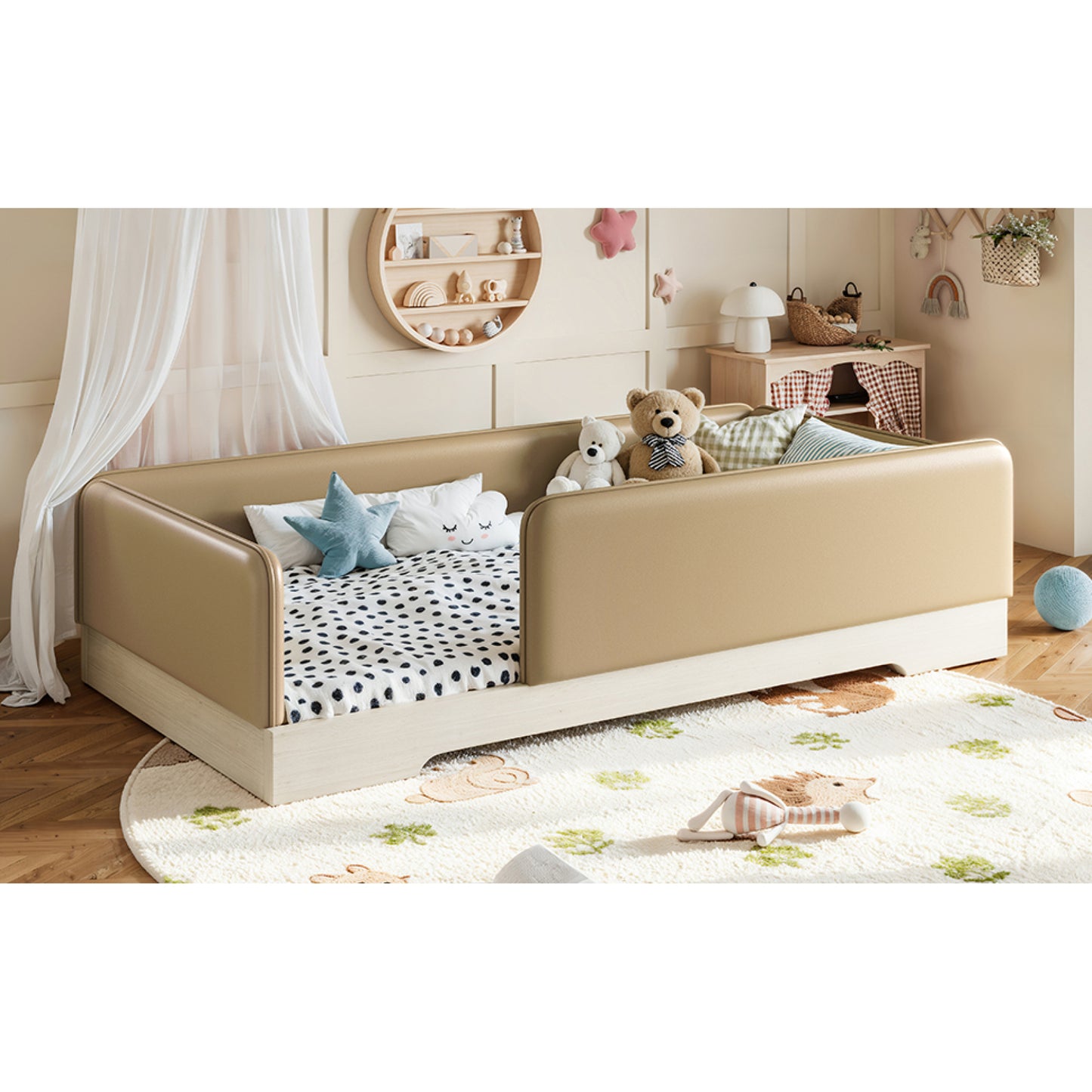variant-group:rf-w1580p493126|Roomfitters Twin Size Upholstered Floor Bed Frame with Removable Guardrails, Faux Leather Low Profile Platform, Brown