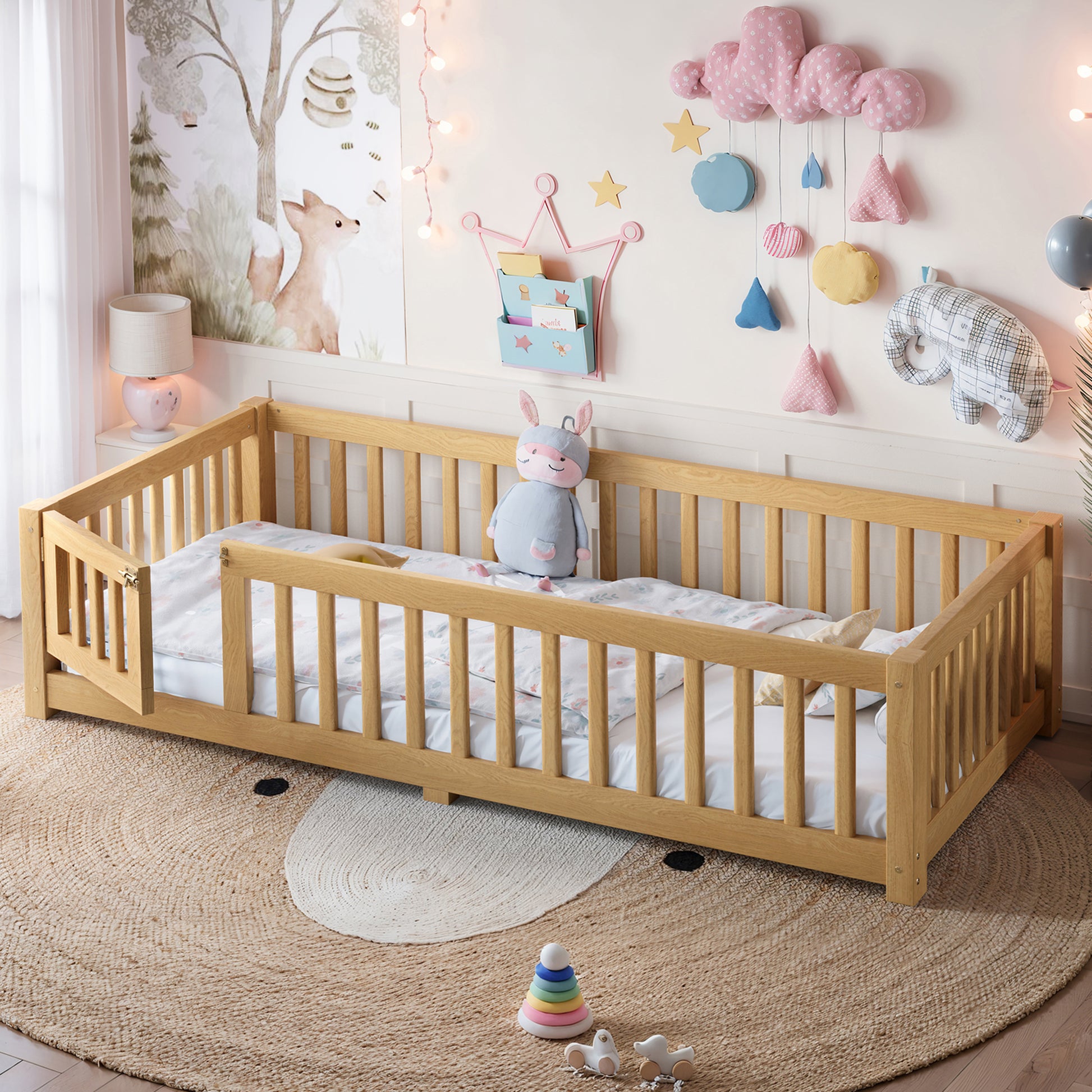variant-group:rf-w1580p462314|Roomfitters Twin Size Wooden Floor Bed Frame with Safety Guardrails Door, Solid Wood Low Profile Toddler Play Bed, Natural