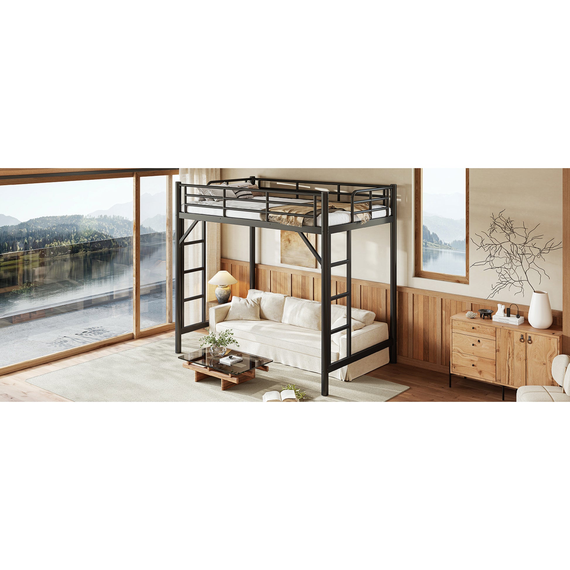 variant-group:rf-w1580p455010|Roomfitters Twin Size Metal Loft Bed Frame with Guardrails, Heavy Duty Space Saving High Loft Bed Dual Ladders, Black