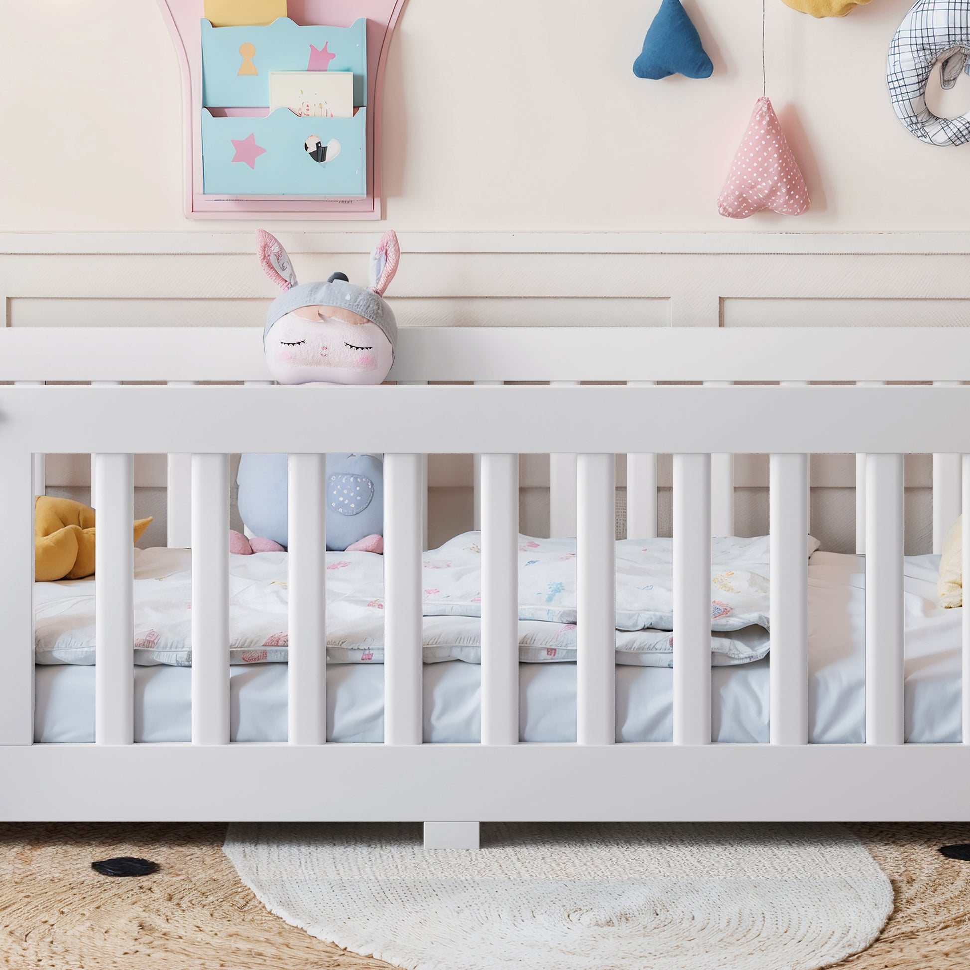 variant-group:rf-w1580p462311|Roomfitters Twin Size Wooden Floor Bed Frame with Safety Guardrails Door, Solid Wood Low Profile Toddler Play Bed, White