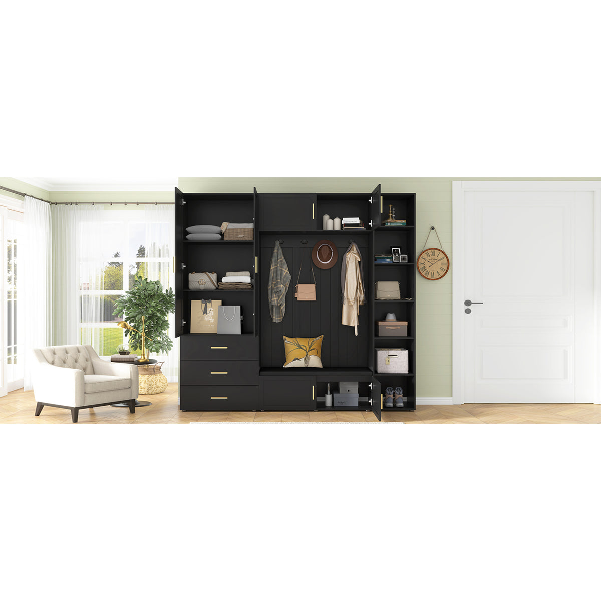 variant-group:rf-n724sj000167aab|Roomfitters American Style Extra-Wide Hall Tree with Padded Cushion Seat, Antique Black