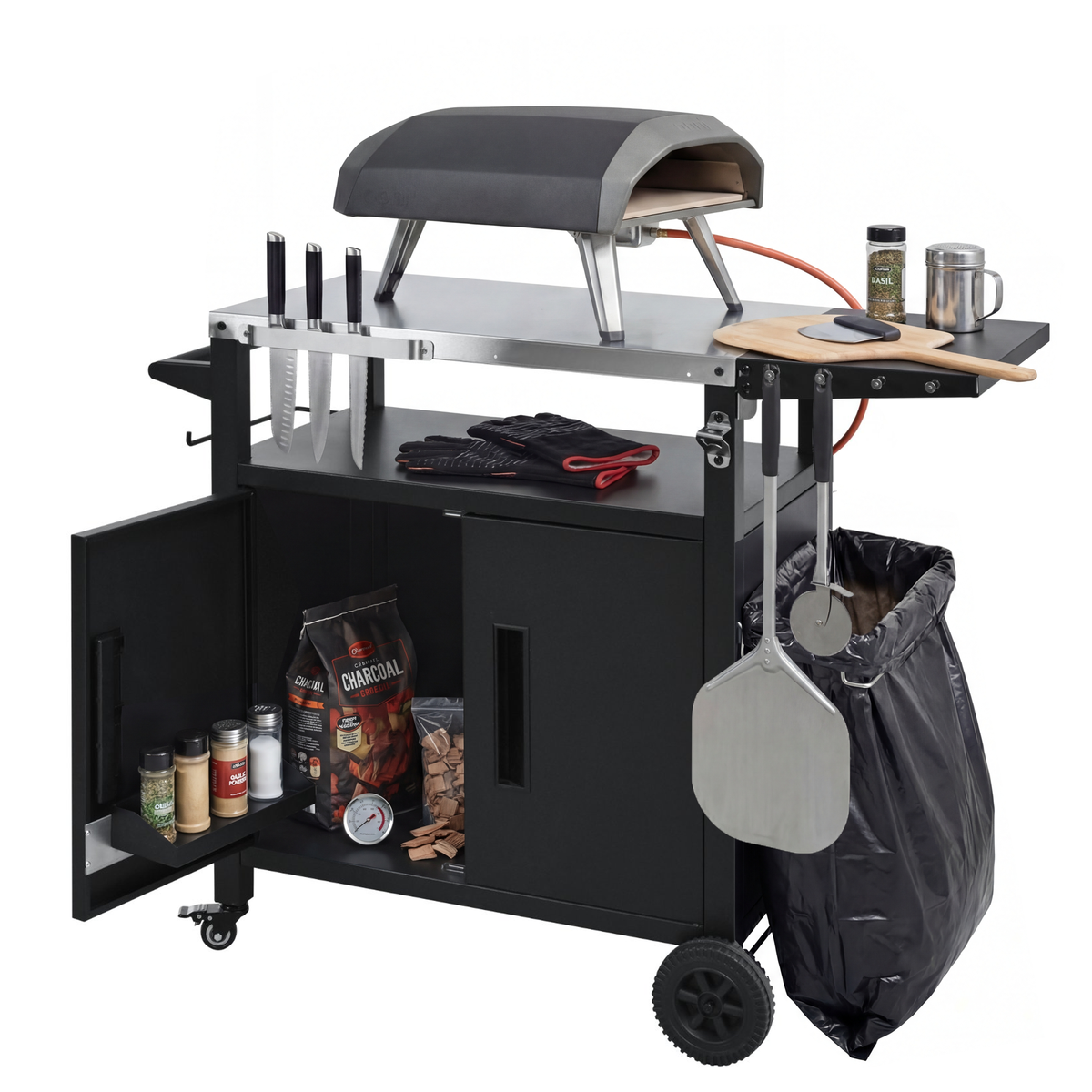Roomfitters Grill Cart with Stainless Steel Top, Outdoor Kitchen Island, BBQ Prep Station with Trash Bag Holder and Hooks, Black