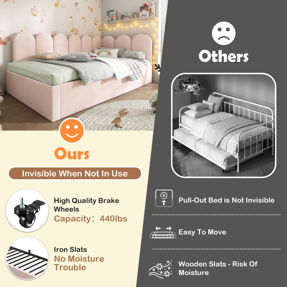 variant-group:rf-n736aa20362122p|Roomfitters Velvet Upholstered Twin Daybed with Pull Out Trundle, Sofa Bed with Metal Slat Frame, Pink
