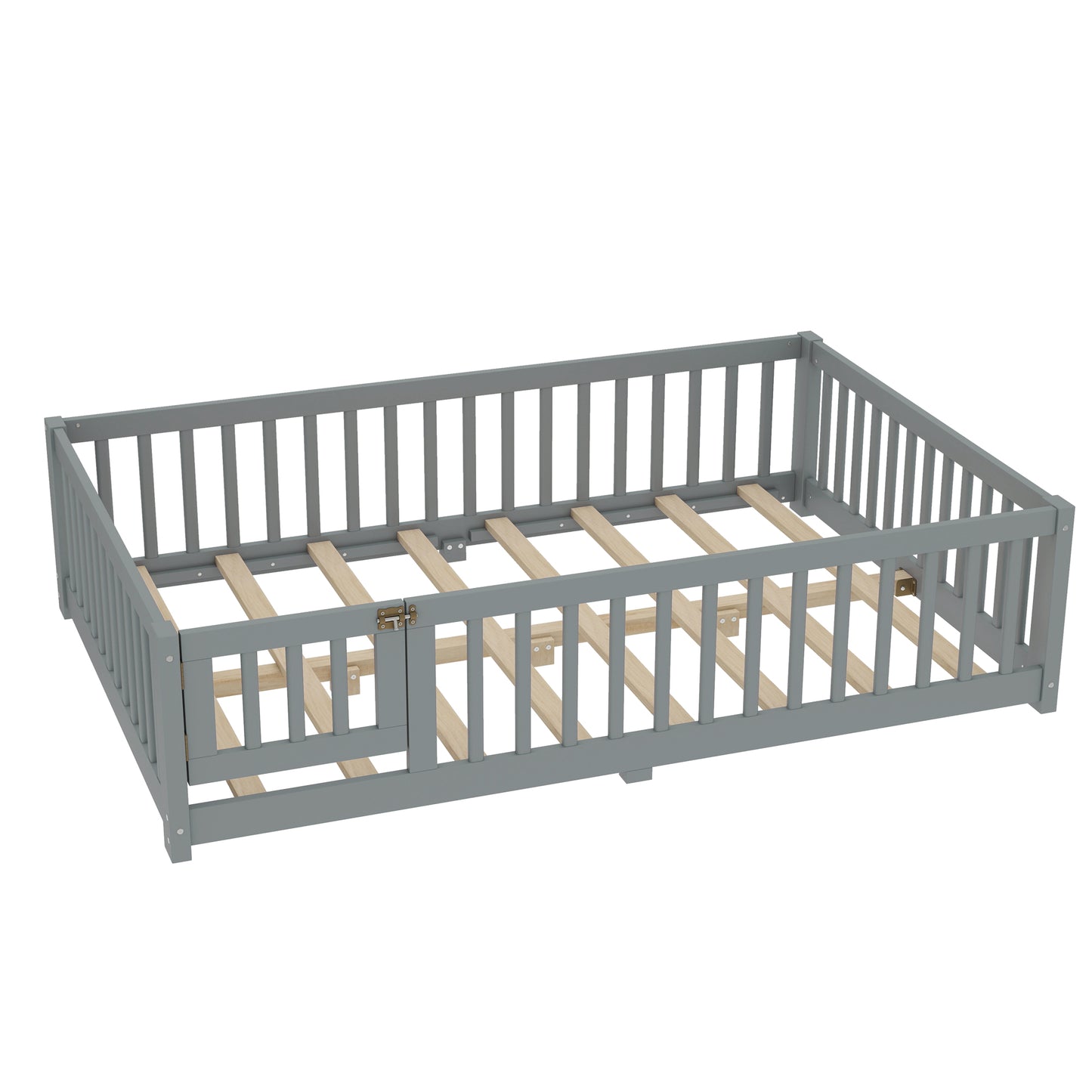 variant-group:rf-w1580p338951|Roomfitters Wooden Full Floor Bed Frame with Door & Safety Guardrails, Low Platform Design for Bedroom or Playroom, Gray