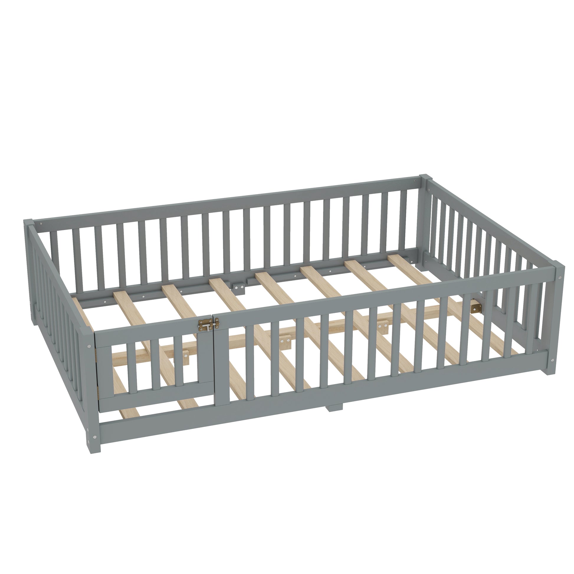 variant-group:rf-w1580p338951|Roomfitters Wooden Full Floor Bed Frame with Door & Safety Guardrails, Low Platform Design for Bedroom or Playroom, Gray