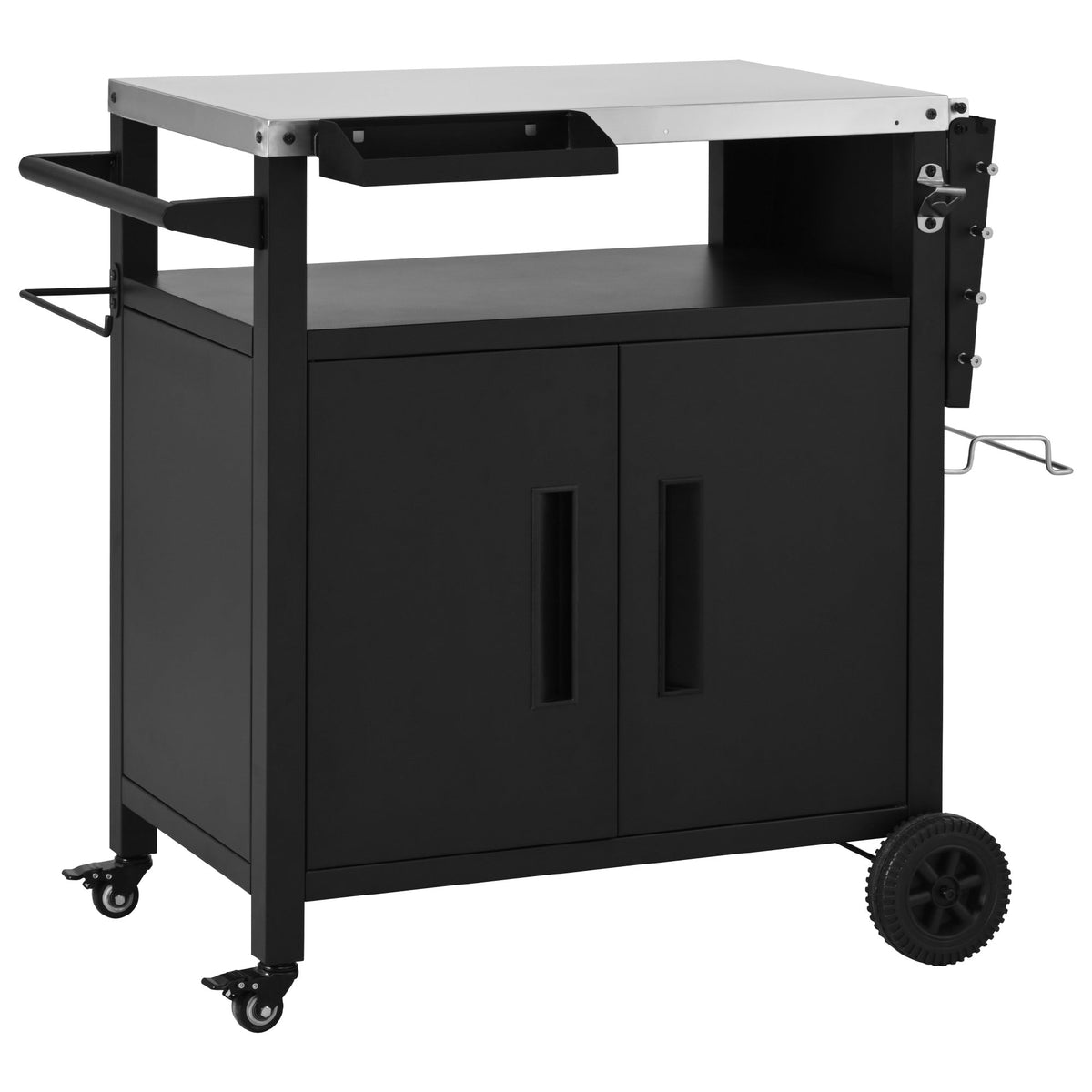 Roomfitters Grill Cart with Stainless Steel Top, Outdoor Kitchen Island, BBQ Prep Station with Trash Bag Holder and Hooks, Black