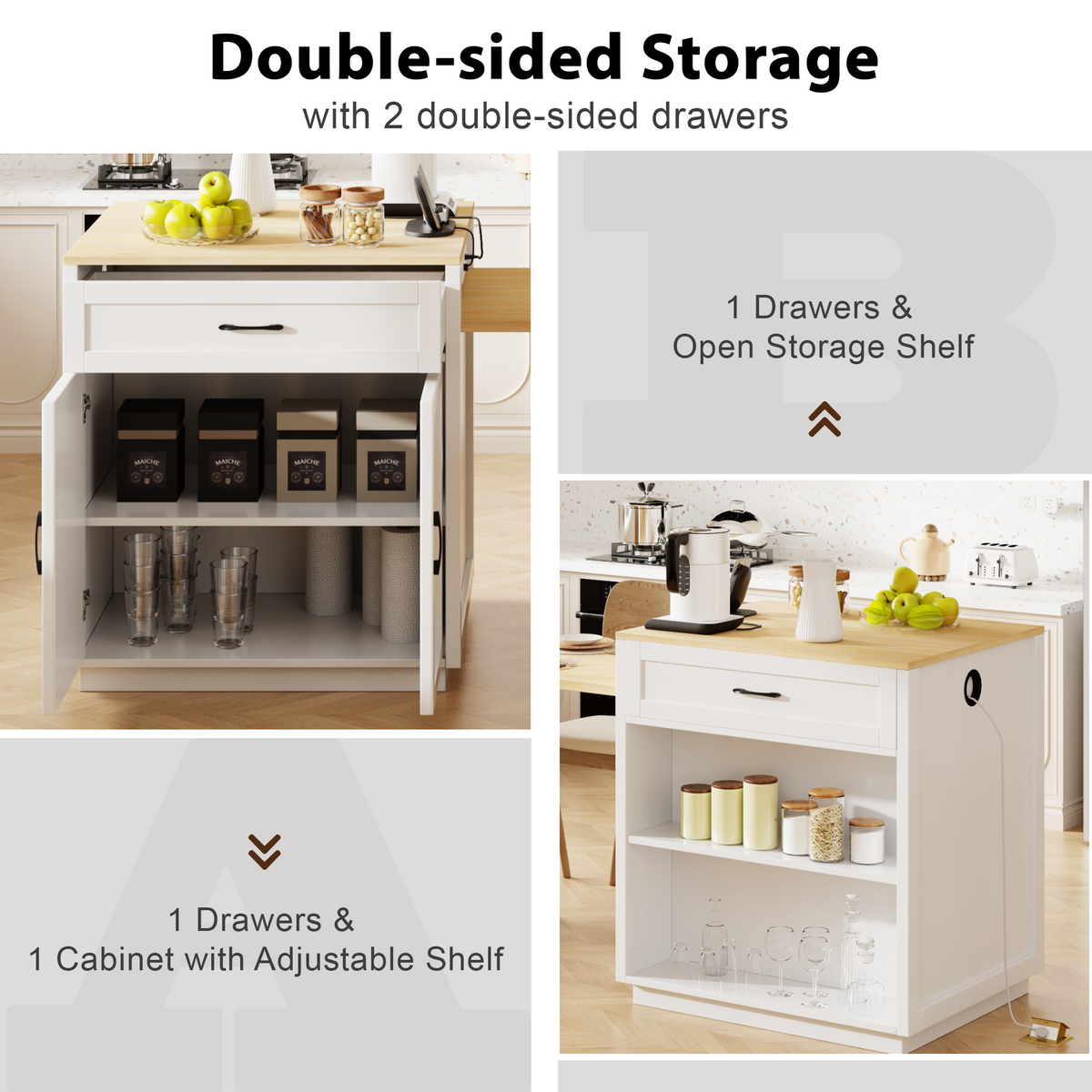 variant-group:rf-n707s000010w|Roomfitters 82.7" Kitchen Island with Extendable Table, Two-Tone Design, Double Storage, Power Outlet, White