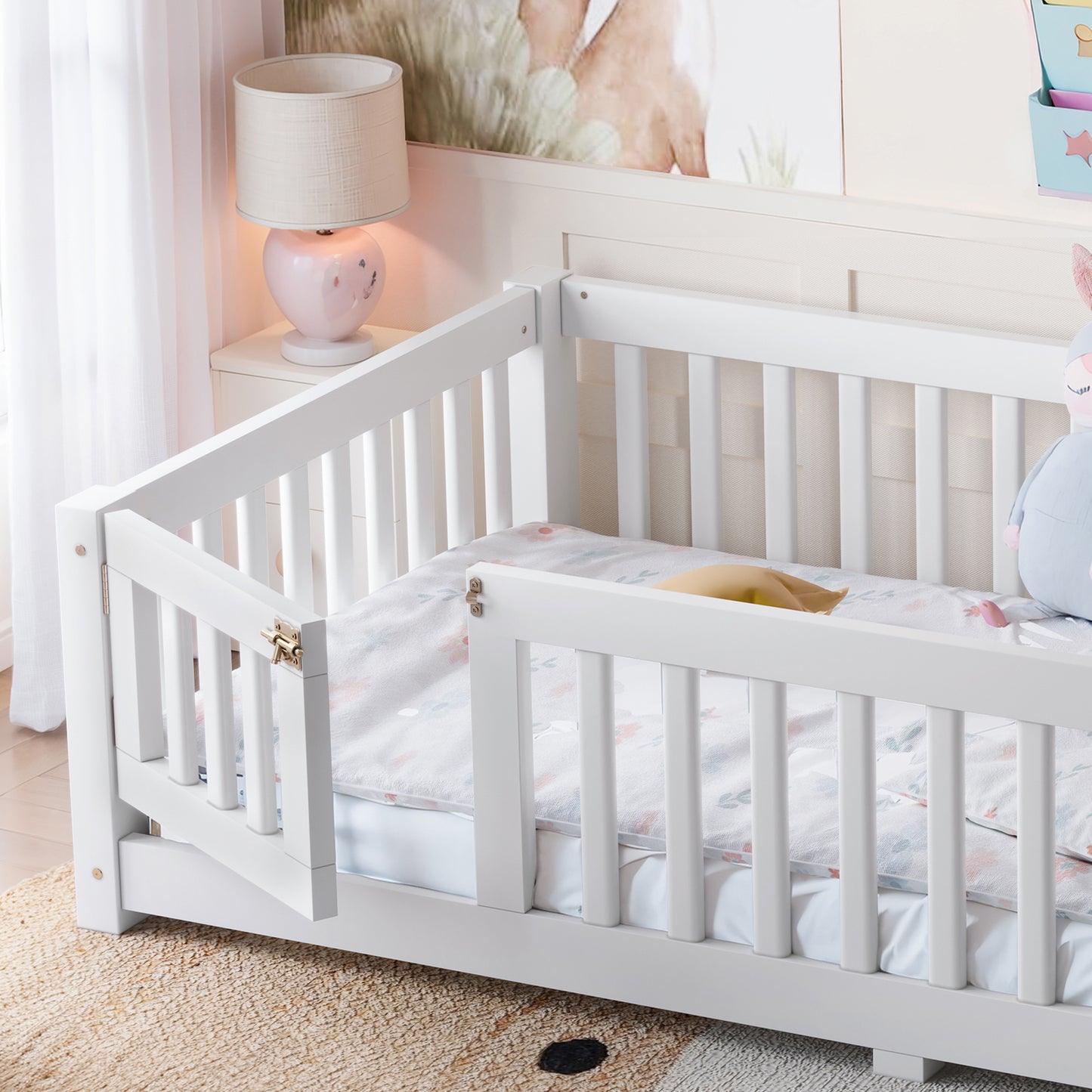variant-group:rf-w1580p462311|Roomfitters Twin Size Wooden Floor Bed Frame with Safety Guardrails Door, Solid Wood Low Profile Toddler Play Bed, White