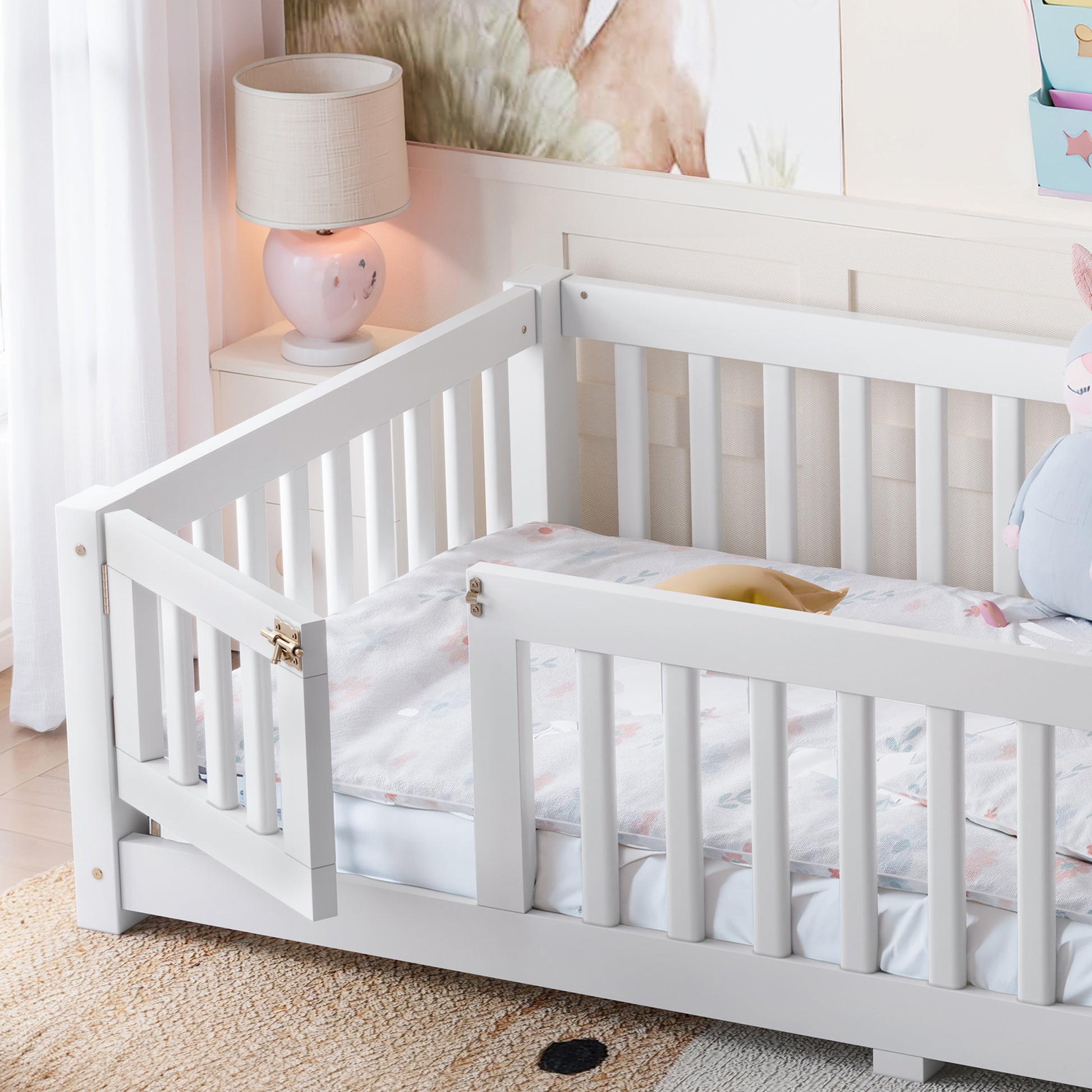 variant-group:rf-w1580p462311|Roomfitters Twin Size Wooden Floor Bed Frame with Safety Guardrails Door, Solid Wood Low Profile Toddler Play Bed, White