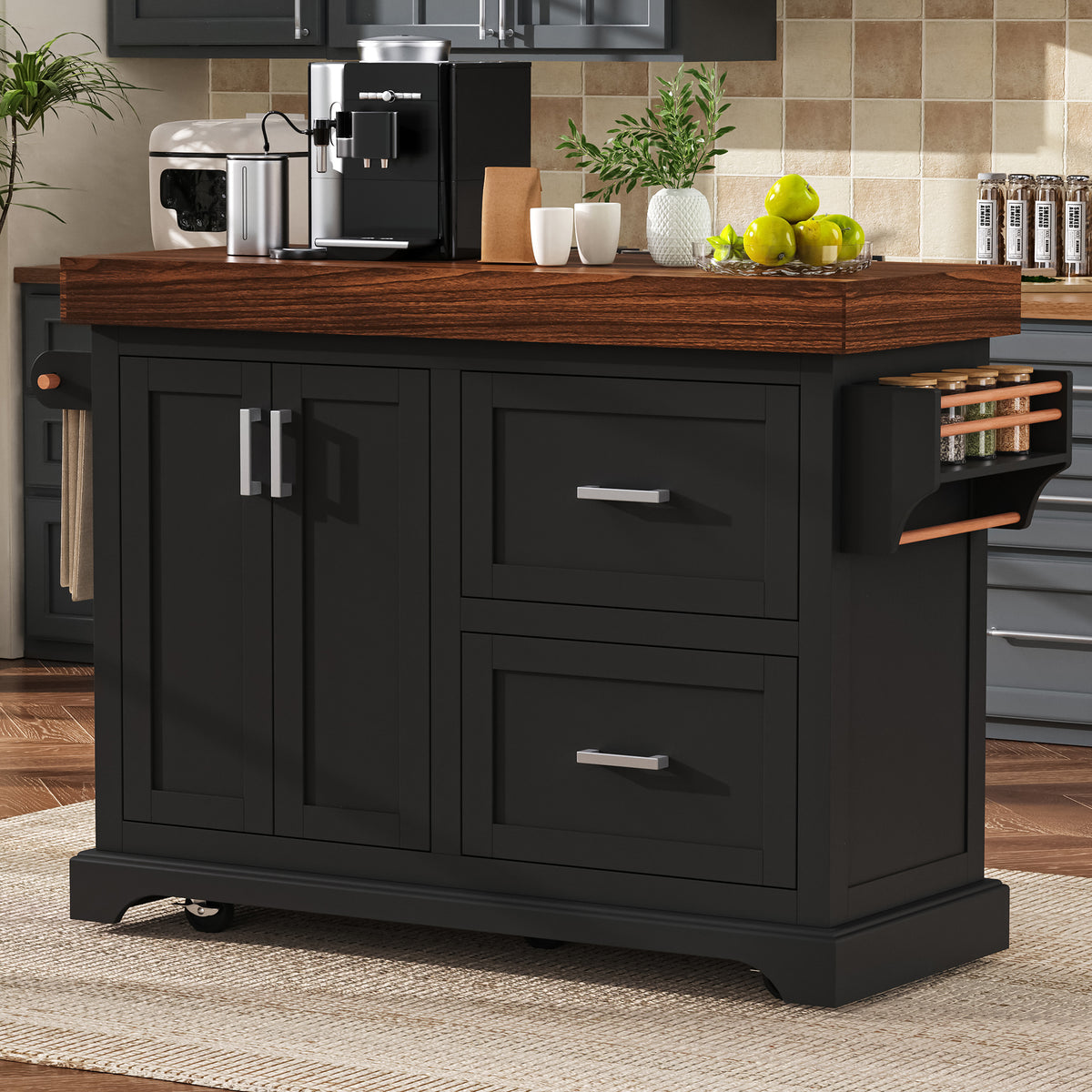 variant-group:rf-n707s000025b|Roomfitters 53" Kitchen Island with Butcher Block Top, Storage Cabinet with Drawers, Spice Rack and Towel Holder, Black