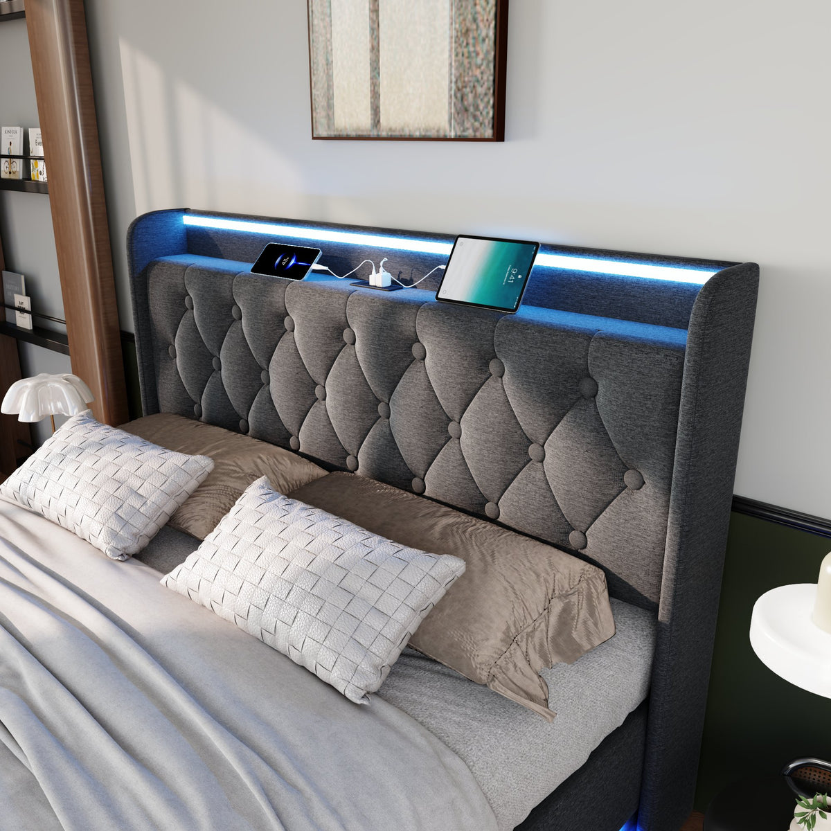 variant-group:rf-n736p188807g|Roomfitters Queen Size Upholstered Storage Bed with USB Type-C Charging and Remote Control, Linen Gray