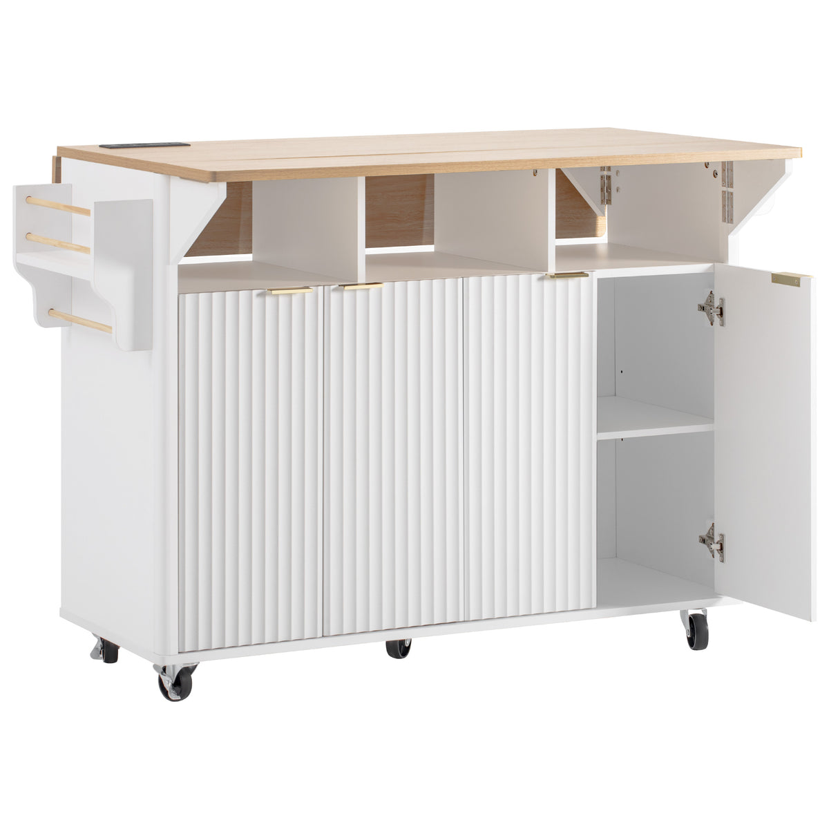 variant-group:rf-n707p353934w|Roomfitters 55.5" Fluted Kitchen Island with Double Drop Leaf, White Storage Cart with Power Outlet & Wood-grain Top