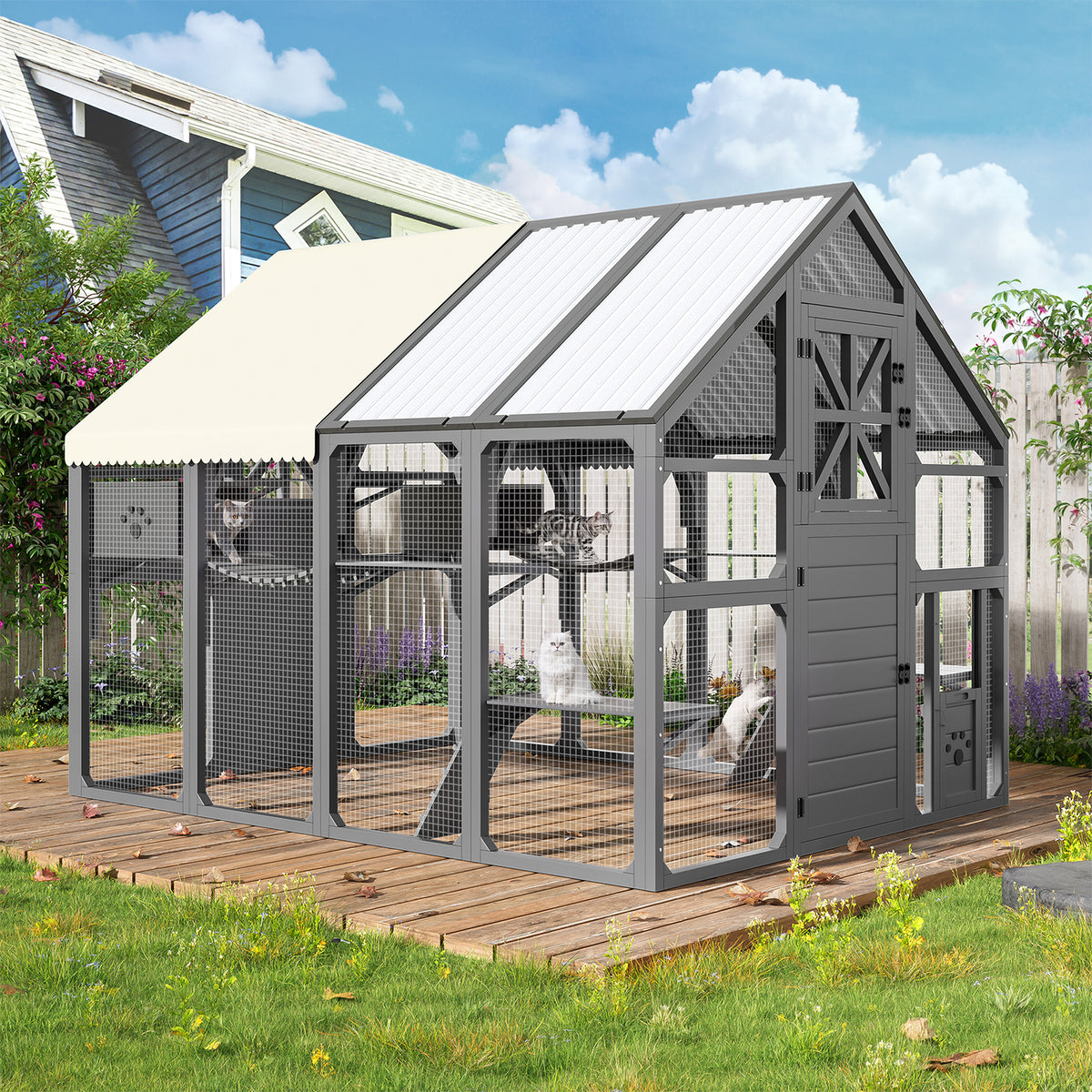 variant-group:rf-n704g201618e|Roomfitters Extra Large Outdoor Catio Cat Enclosure with Cooling PVC Roof and Insulated Boxes Gray