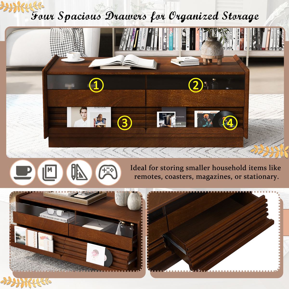 variant-group:rf-n724p286421d|Roomfitters Rectangle Coffee Table with Fluted Style, 4 Storage Compartments and Glass Display Shelves, Brown