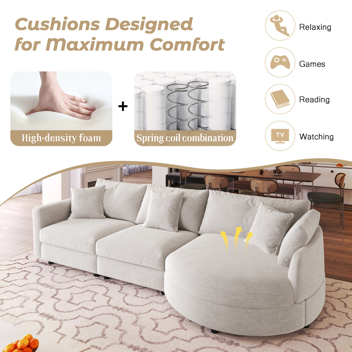 variant-group:rf-n711wy000461aaa|Roomfitters 107" Chenille Fabric 3-Piece Sectional Sofa, Modern Large L-Shaped Couch with Rounded Curved Chaise, Beige