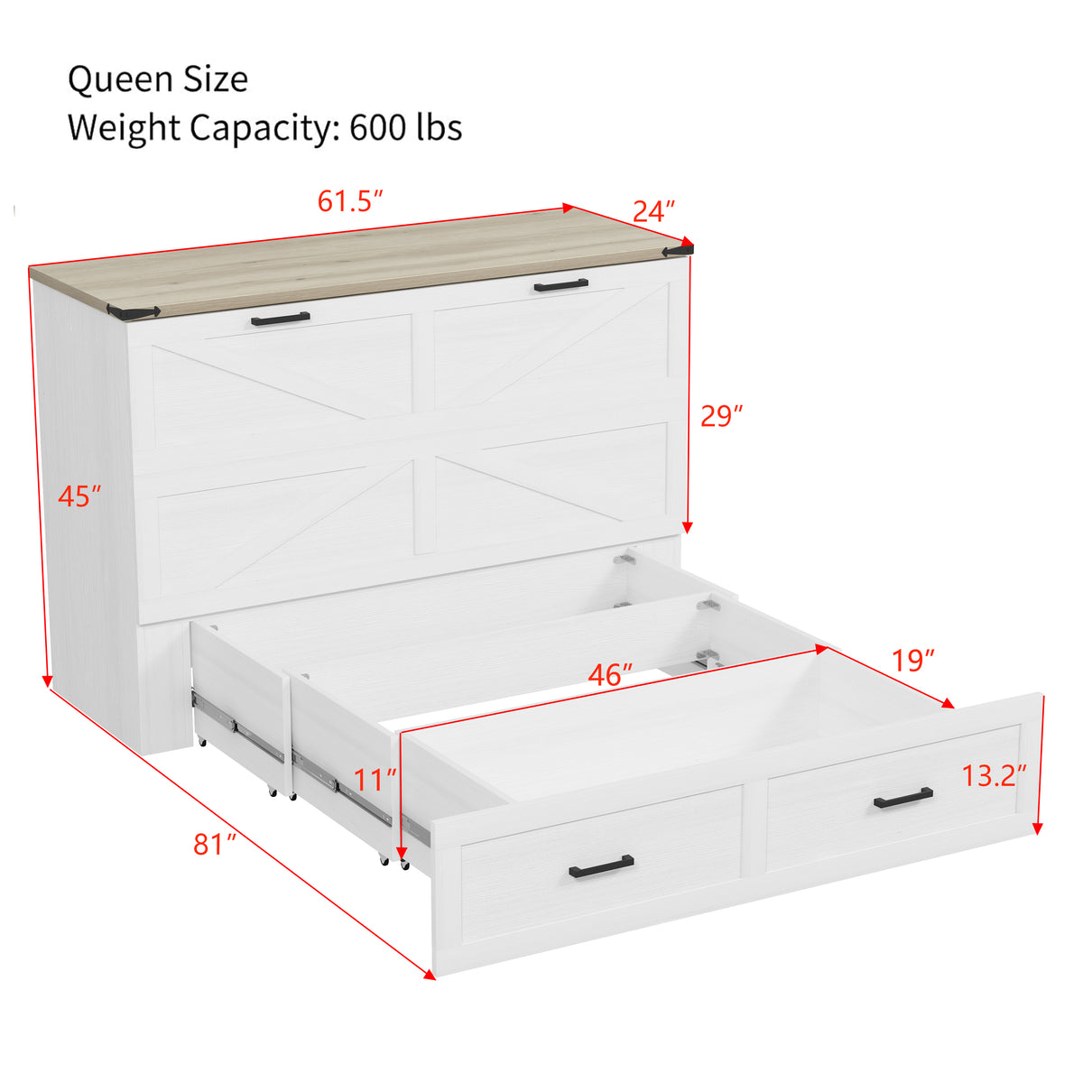 variant-group:rf-n733s237837w|Roomfitters Queen Size Farmhouse Murphy Cabinet Bed with Charging Station, Foldable Platform Bed with Large Storage for Guest Room, Small Bedroom, White
