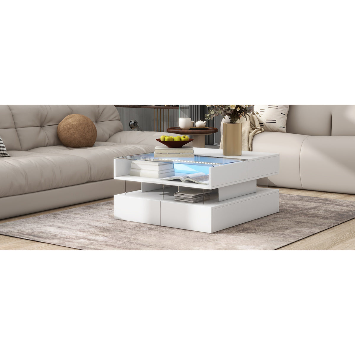 variant-group:rf-n724p290043k|Roomfitters Lift-Top Square Coffee Table with Glass Surface, Hidden Storage, High Gloss Finish, White