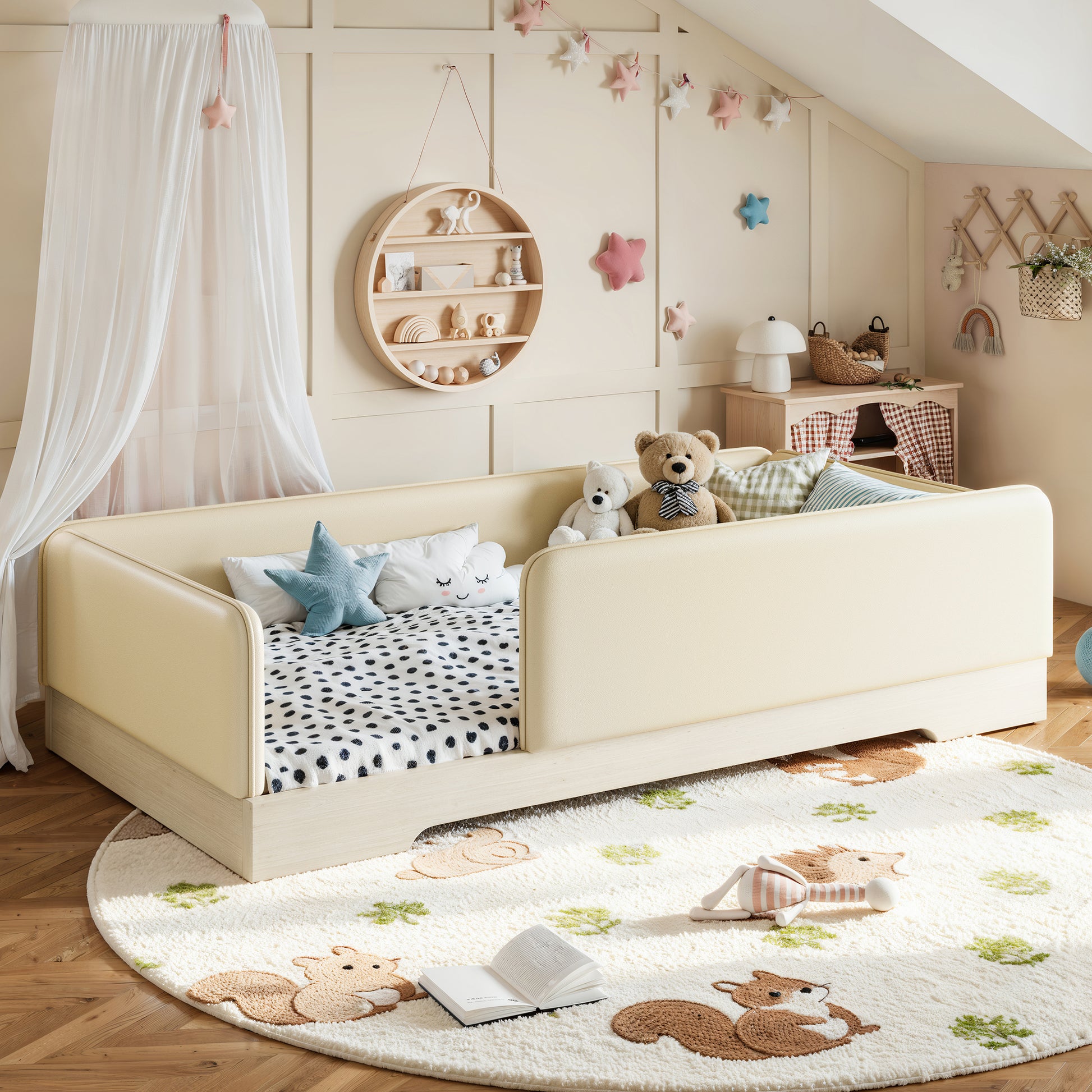 variant-group:rf-w1580p493129|Roomfitters Twin Size Upholstered Floor Bed Frame with Removable Guardrails, Faux Leather Low Profile Platform, Beige