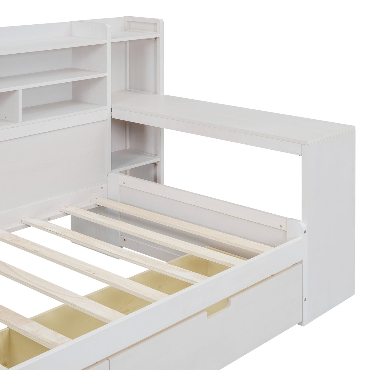 variant-group:rf-n733s241484k|Roomfitters Wooden Twin Size Daybed with Storage Shelves, Multi-functional Bed with Two Storage Compartments and Study Desk, Antique White
