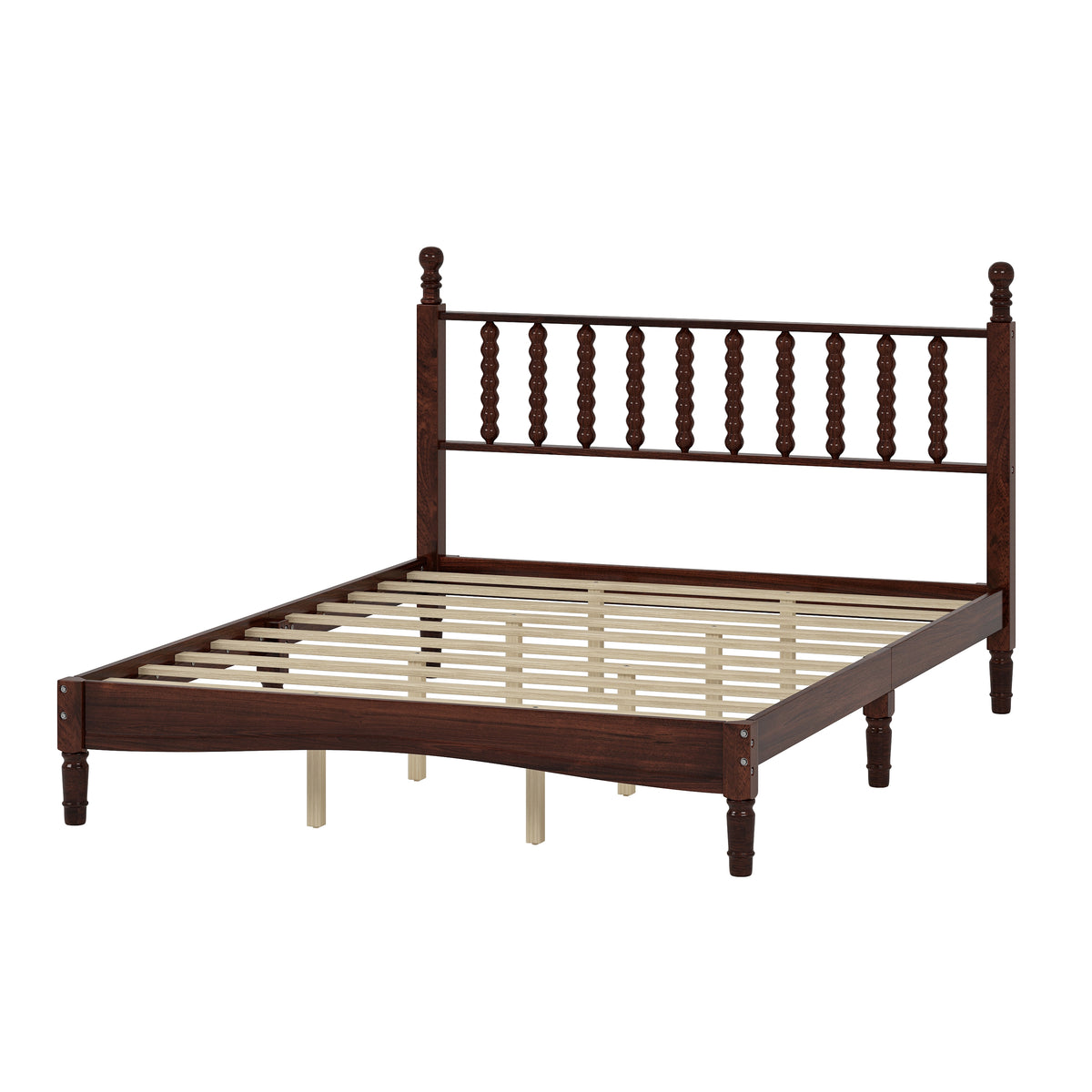 variant-group:rf-n733p206242d|Roomfitters Queen Size Wood Platform Bed with Gourd Shaped Headboard, Retro Style Platform Bed with Wooden Slat Support, Walnut