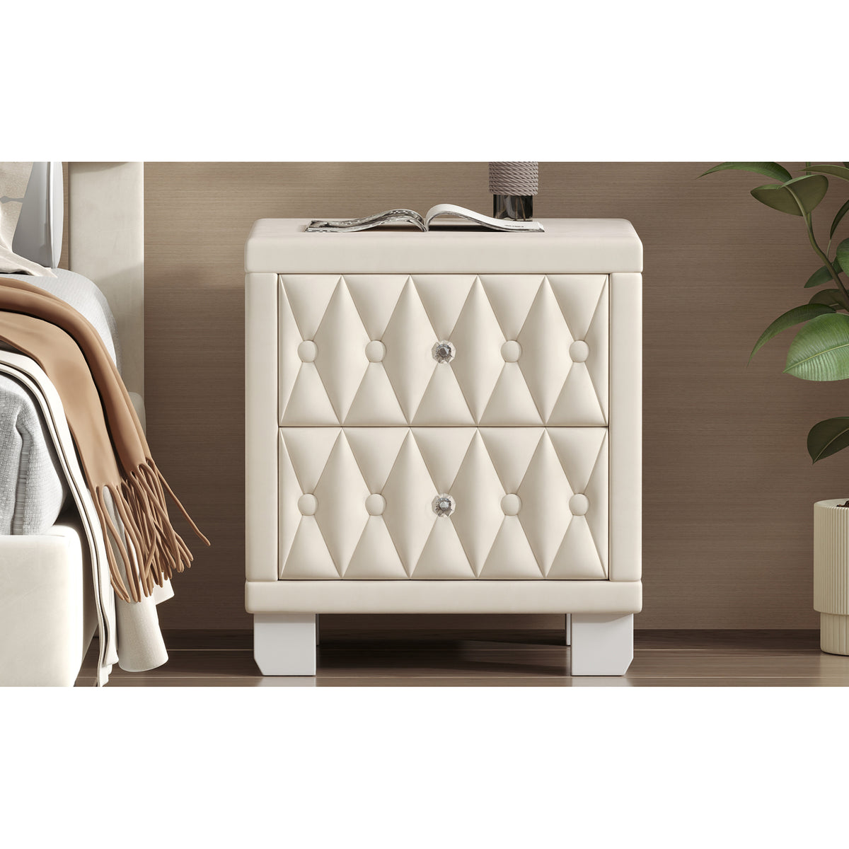 variant-group:rf-n733p210398a|Roomfitters Velvet Nightstand with Crystal Handles, Button-Tufted Upholstered Bedside Table with Two Storage Compartments, Beige