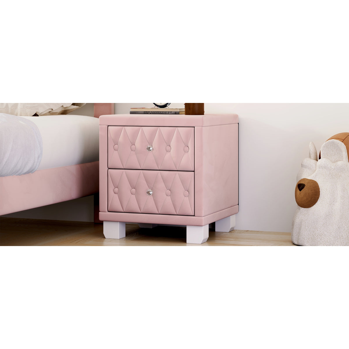 variant-group:rf-n733p210398h|Roomfitters Velvet Nightstand with Crystal Handles, Button-Tufted Upholstered Bedside Table with Two Storage Compartments, Pink