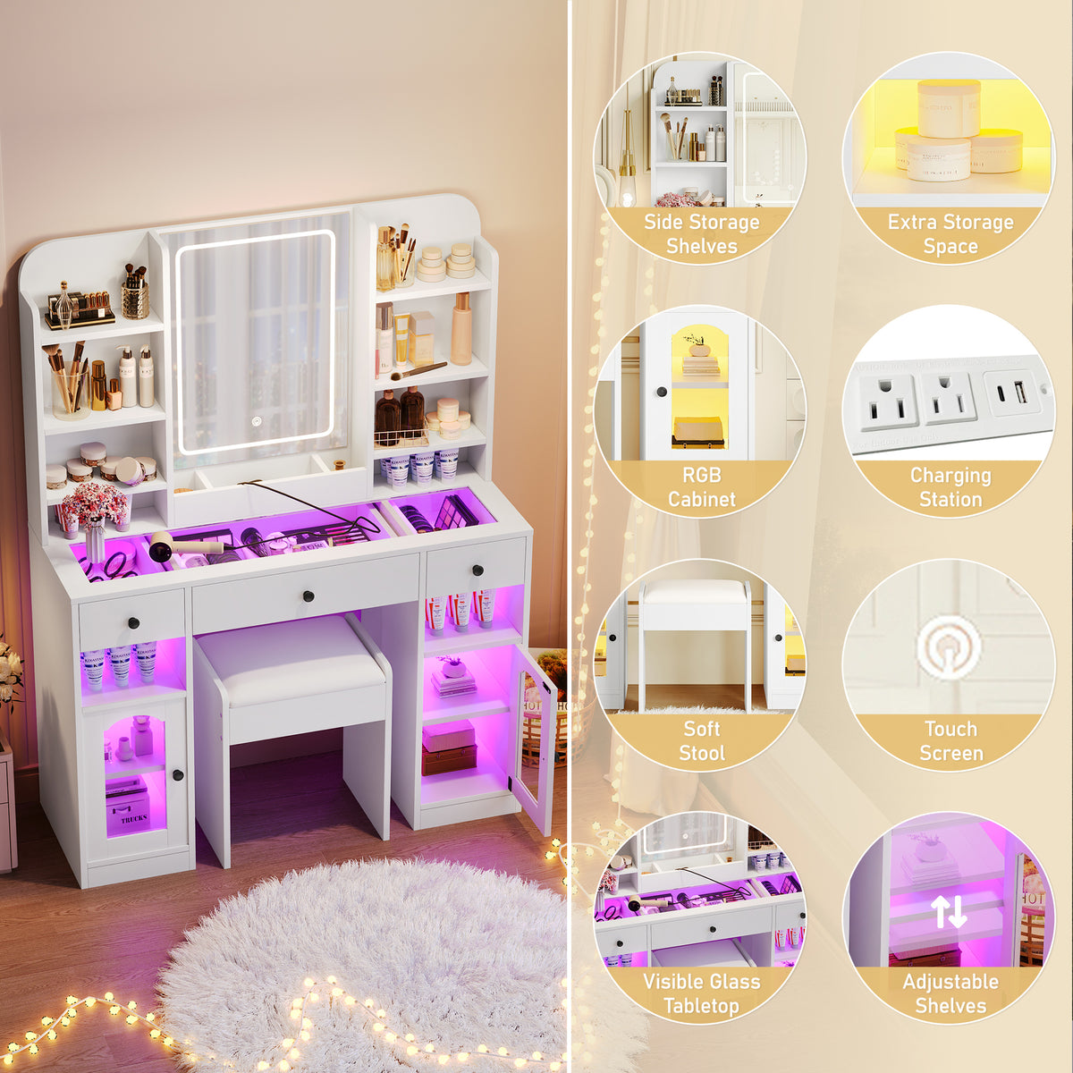 variant-group:rf-n704p407114k|Roomfitters 43.2" Makeup Vanity Desk with LED Lighted Mirror, Glass Door Cabinets, Charging Station and Stool, White