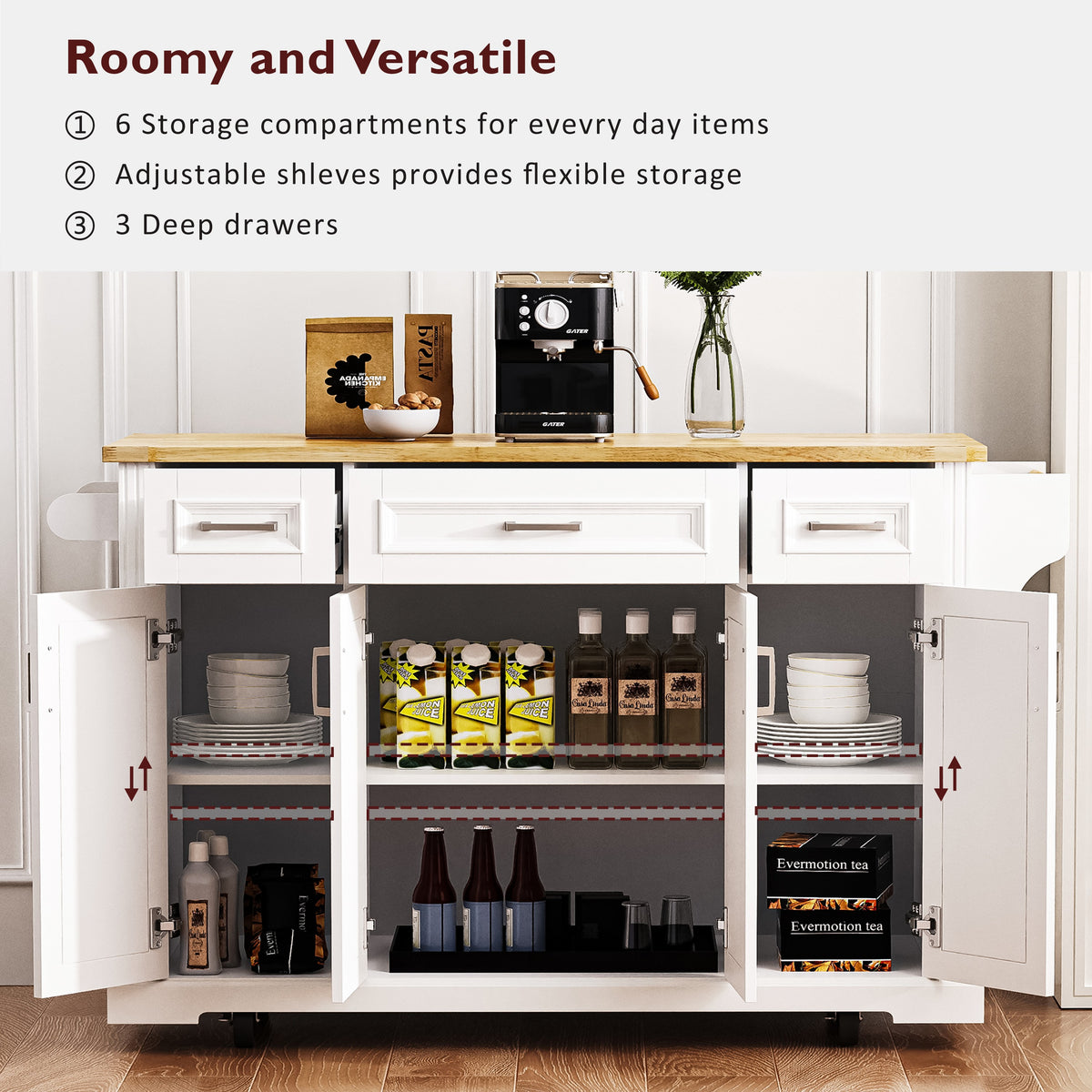 variant-group:rf-n707s195395w|Roomfitters 54" Kitchen Island with Wood Top, Rolling Storage Cabinet with 3 Drawers and 3 Doors, Spice Rack, White