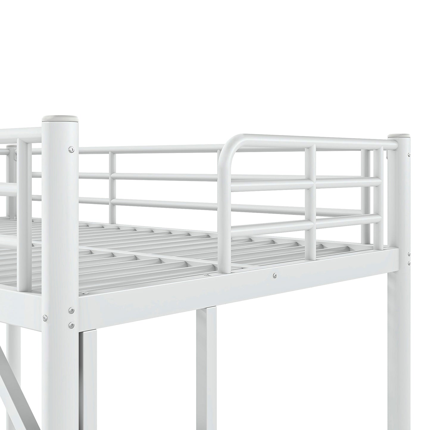 variant-group:rf-w1580p455012|Roomfitters Twin Size Metal Loft Bed Frame with Guardrails, Heavy Duty Space Saving High Loft Bed Dual Ladders, White