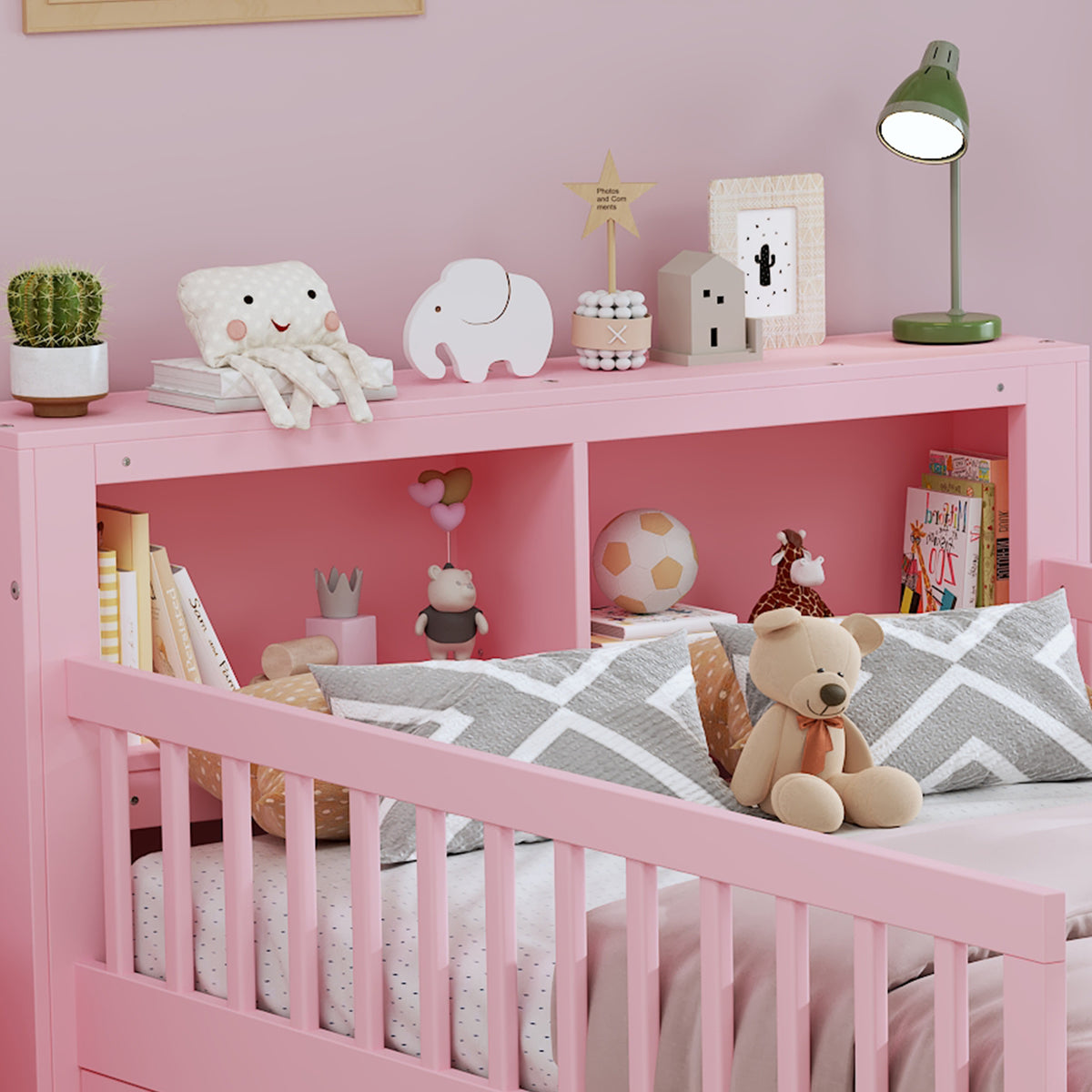variant-group:rf-n733p272374h|Roomfitters Twin Bed with Headboard Storage Rack, Under-Bed Storage and Three-Side Guardrails, Pink