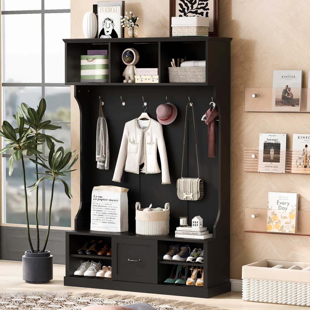 variant-group:rf-n724p264673b|Roomfitters 3-in-1 Hall Tree with 6 Hooks, Coat Rack and Entryway Bench, 57" Organizer with Drawer for Hallway or Living Room, Black