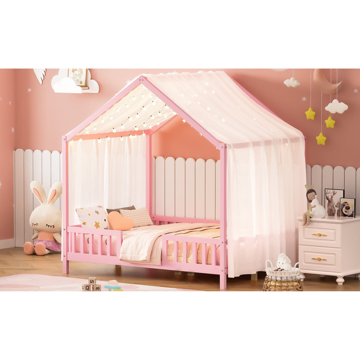 variant-group:rf-n733p356048h|Roomfitters Full Montessori Floor Bed with Canopy, House Shape Wood Frame with Safety Rails, Platform Bed, Pink